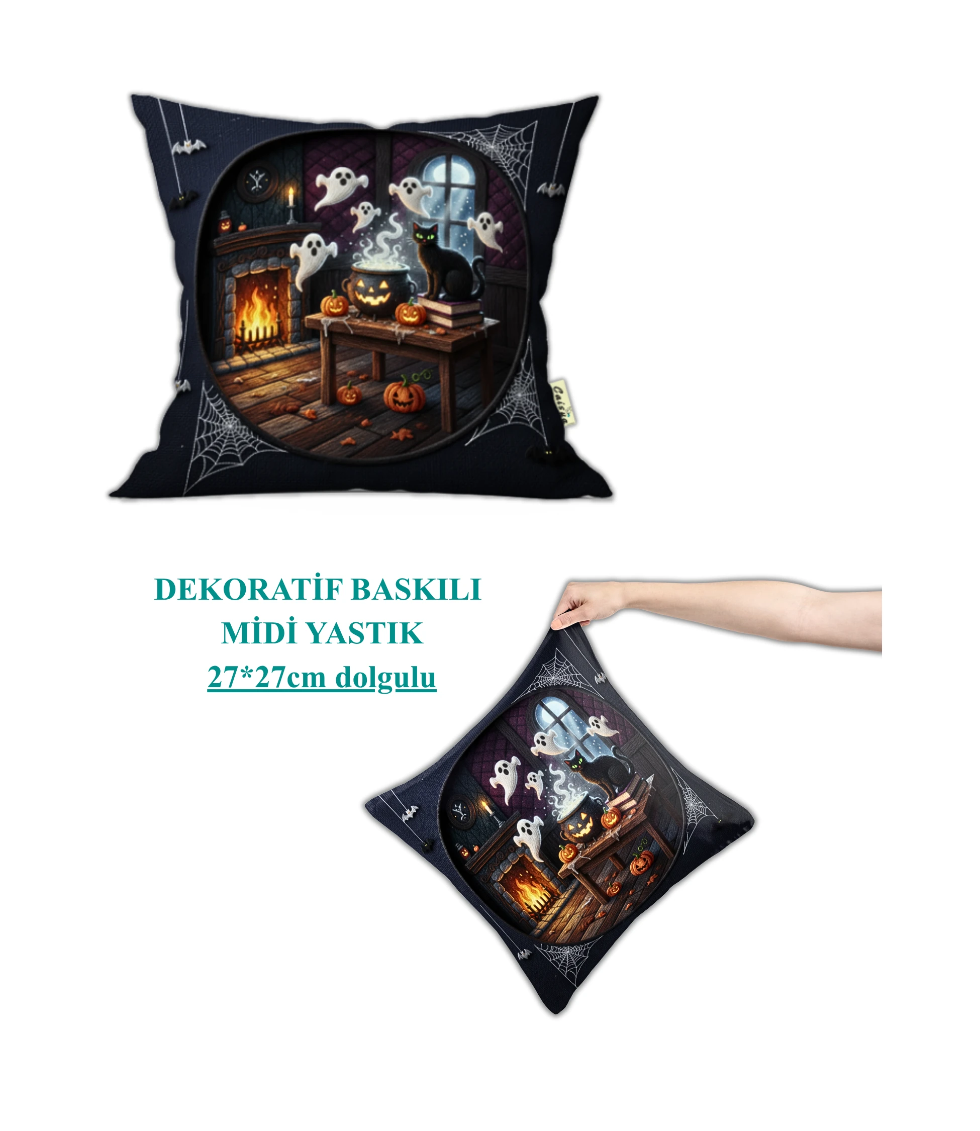 Helloween Cadılar Bayramı Temalı Hediyelik Dekoratif Midi Yastık Kırlent 27x27cm Dolgulu