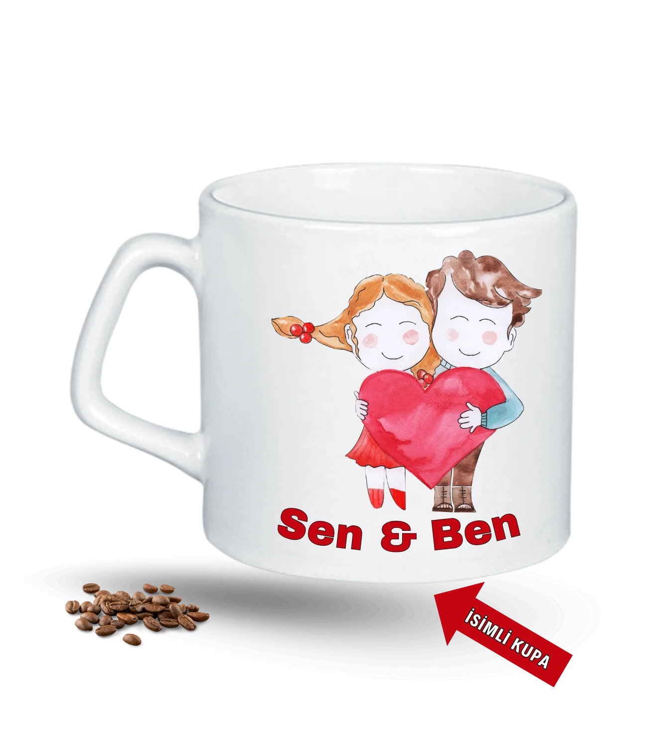 Aşk Temalı Sen ve Ben İsimli Kupa Kalpli Baskılı Porselen Afilli Kupa Bardak-1