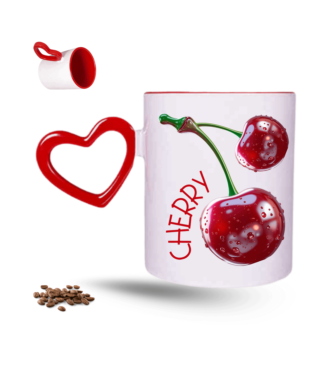 3d Kiraz Cherry Baskılı Kırmızı Kalpli Porselen Kupa Bardak