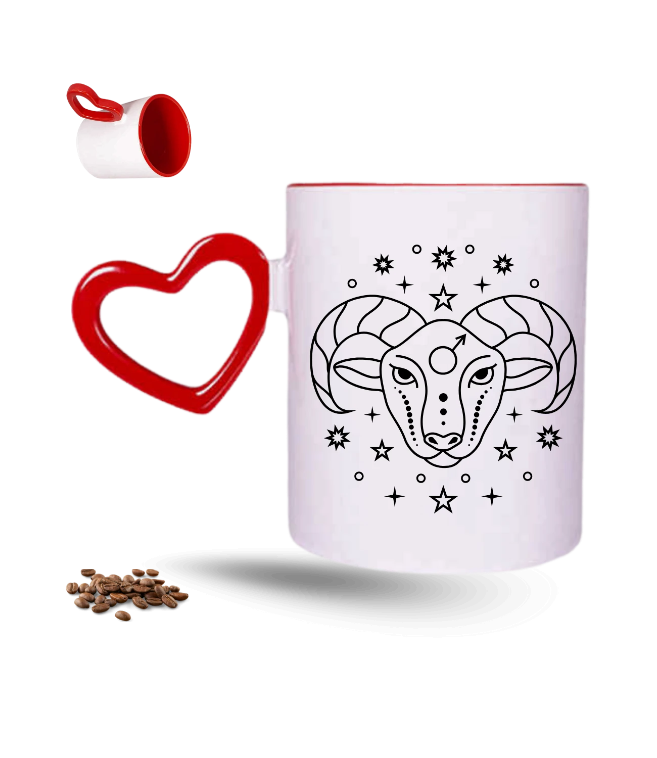 Koç Burcu Zodyak Baskılı Kırmızı Kalpli Porselen Kupa Bardak