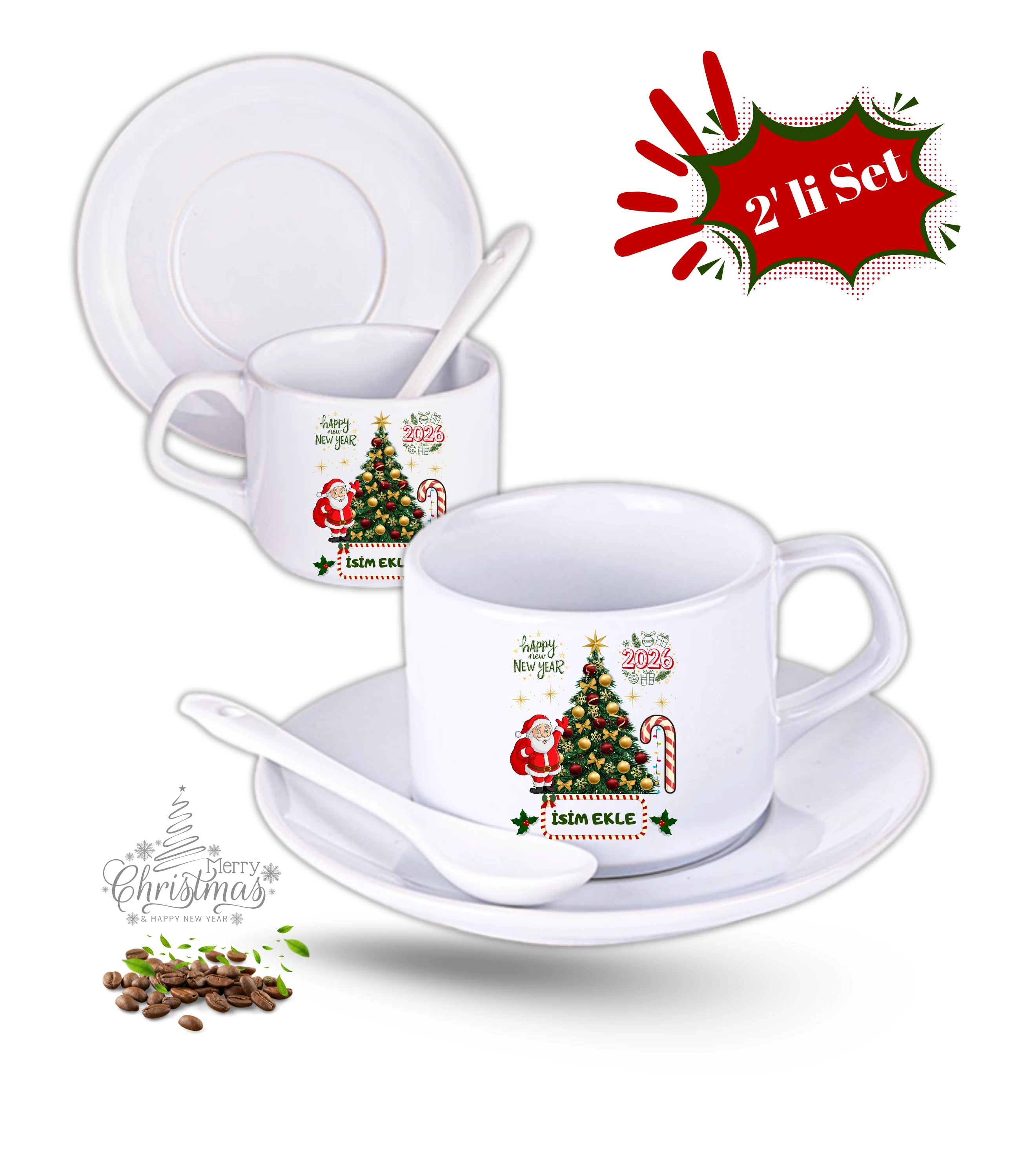 Yılbaşı Hediyesi Noel Ağacı Baskılı 2li Set İsimli Porselen Çay Kahve Fincan Seti