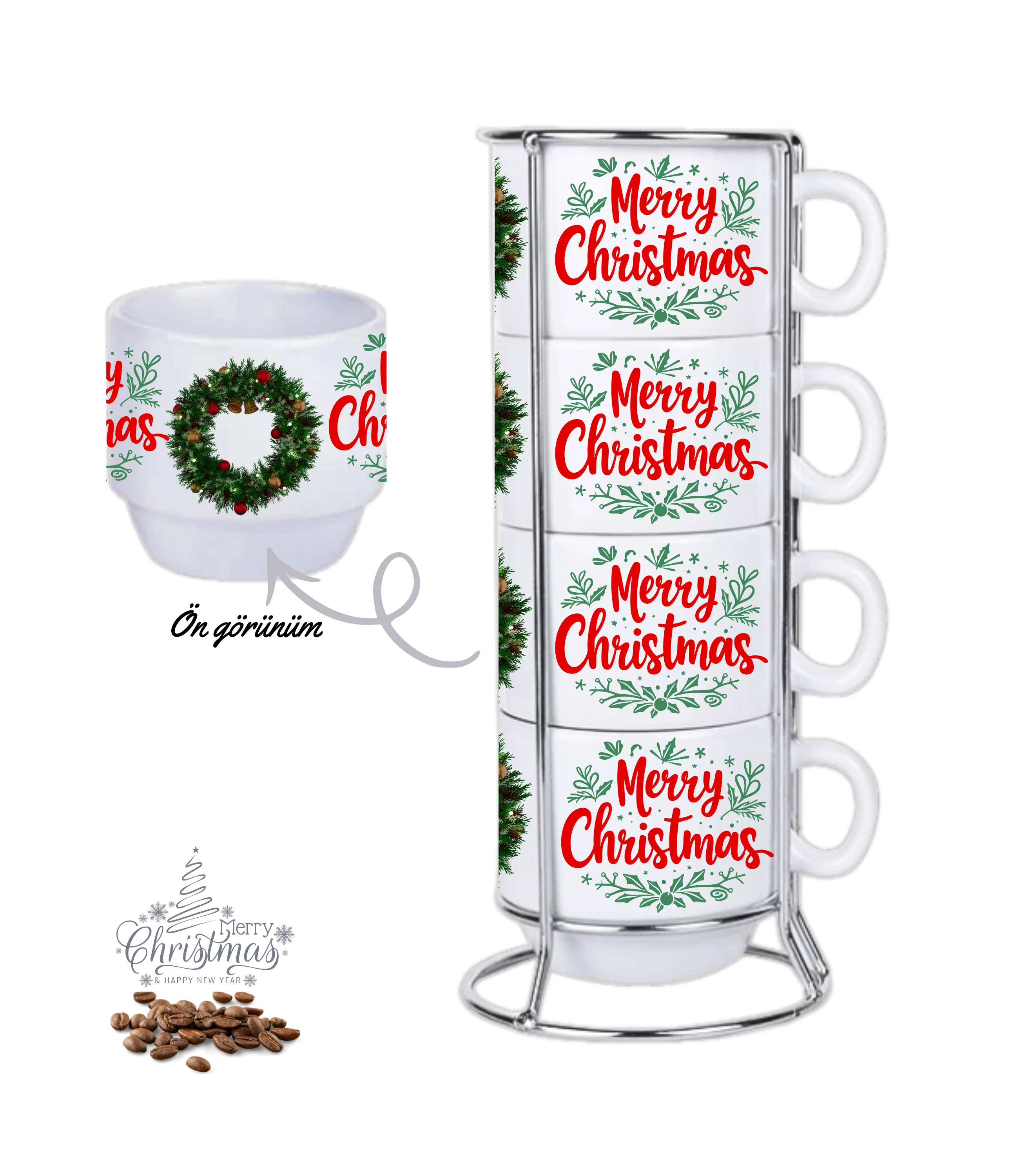 Yılbaşı Temalı Christmas Baskılı 4lü Standlı Hediyelik Porselen Çay Kahve Fincan Seti