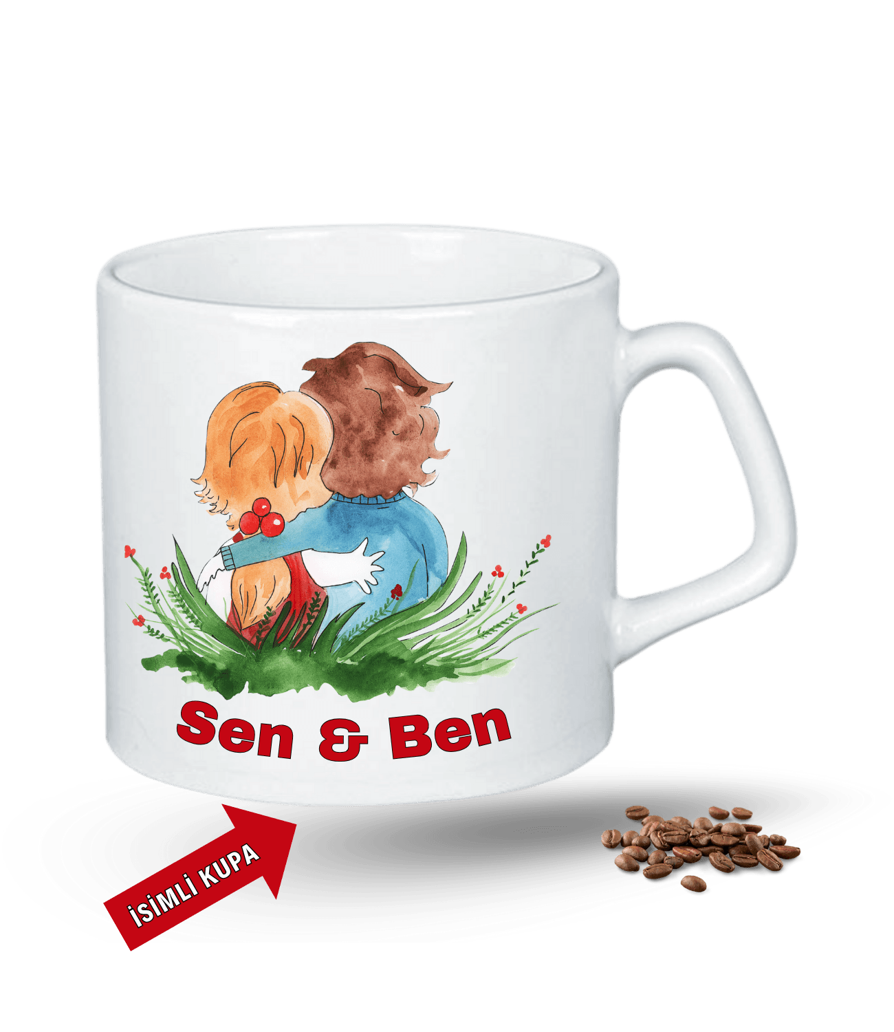 Aşk Temalı Sen ve Ben İsimli Kupa Kalpli Baskılı Porselen Afilli Kupa Bardak-3