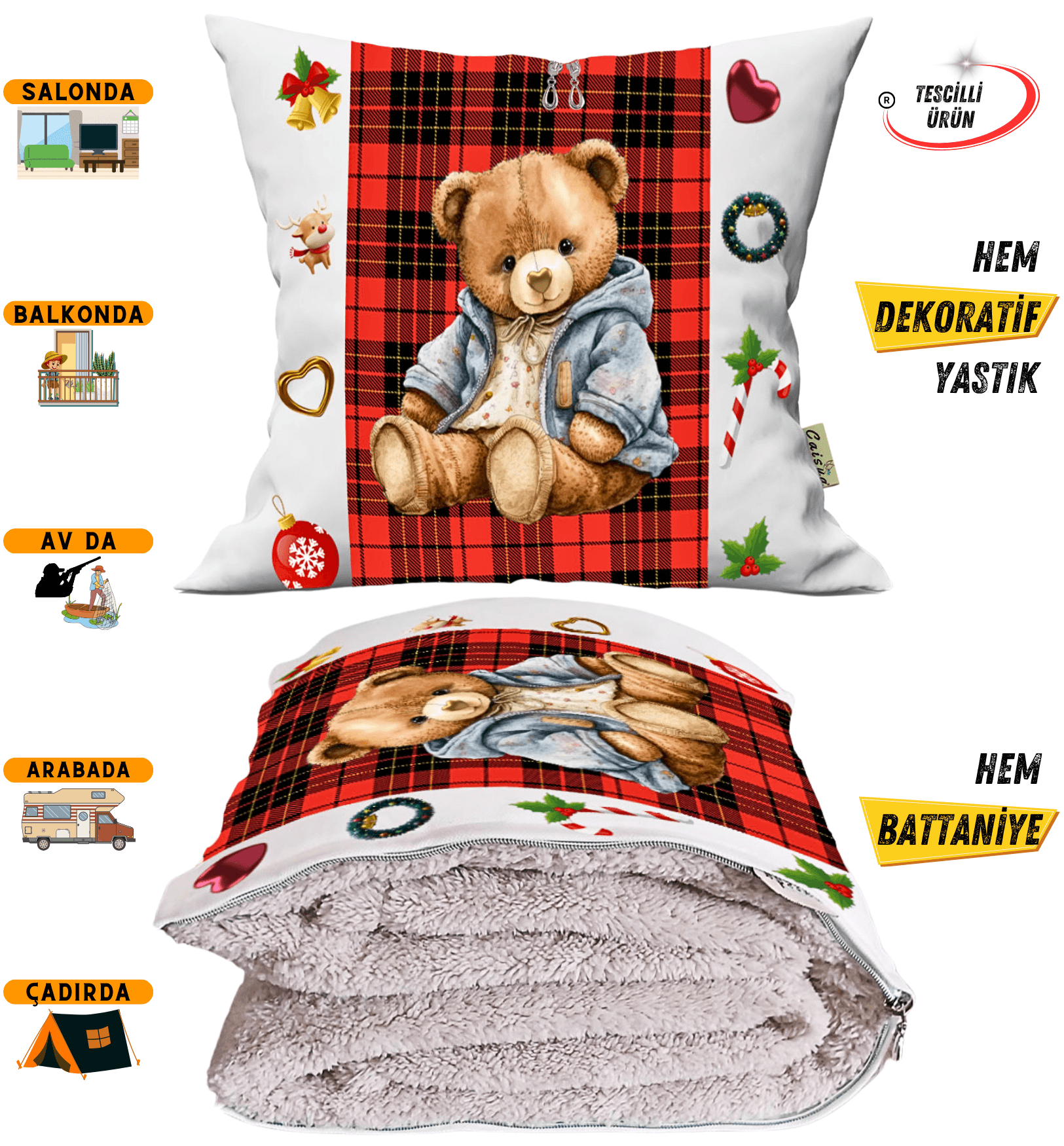 YılBaşı Teddy Bear Baskılı Tv Battaniyeli Opsiyonel Dekoratif Yastık Kırlent 2 in 1 Battaniye