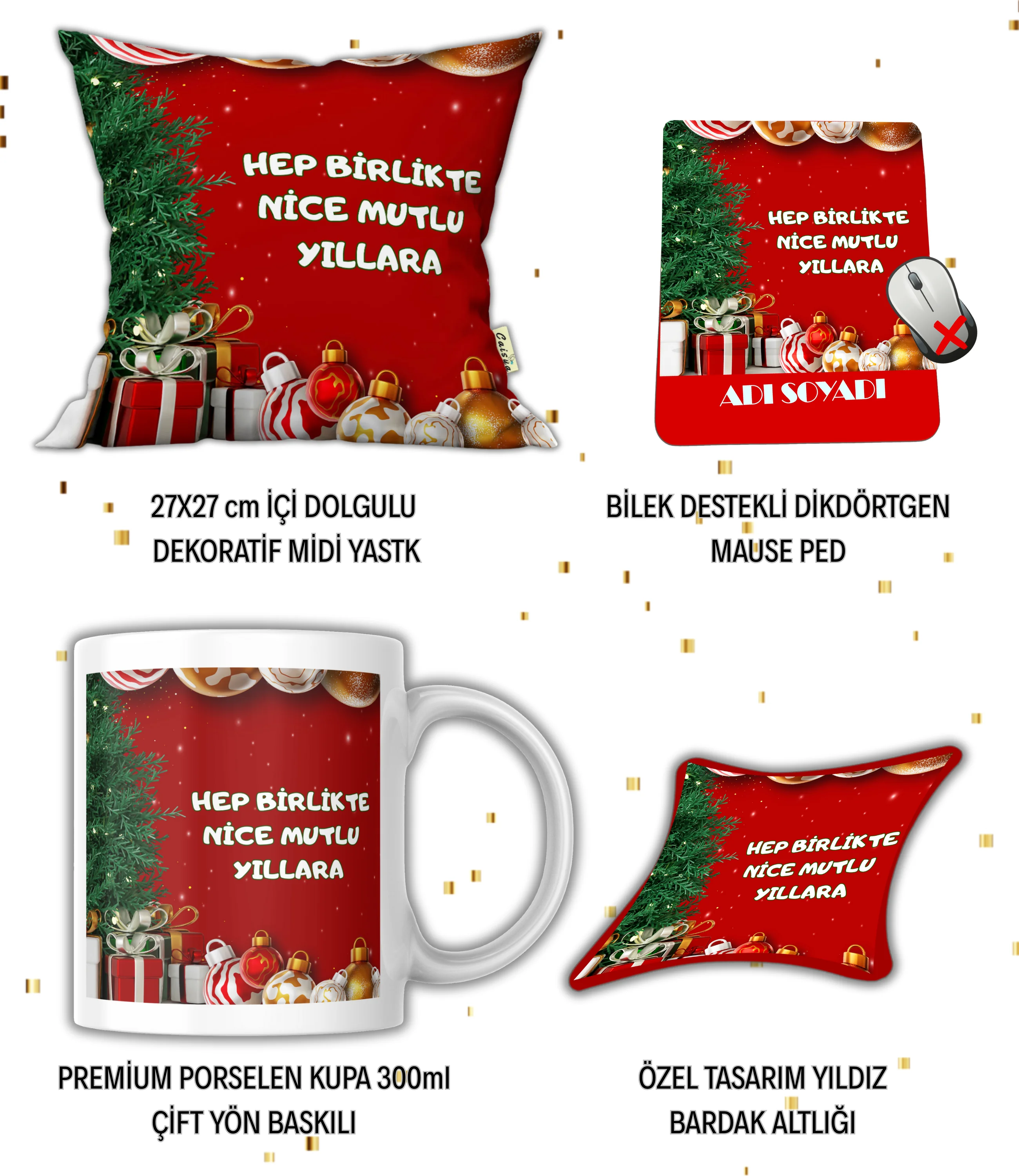 Yılbaşı Hediye Seti Mutlu Yıllar Temalı Baskılı Kupa Yastık İsimli Mause Ped Bardak Altlığı