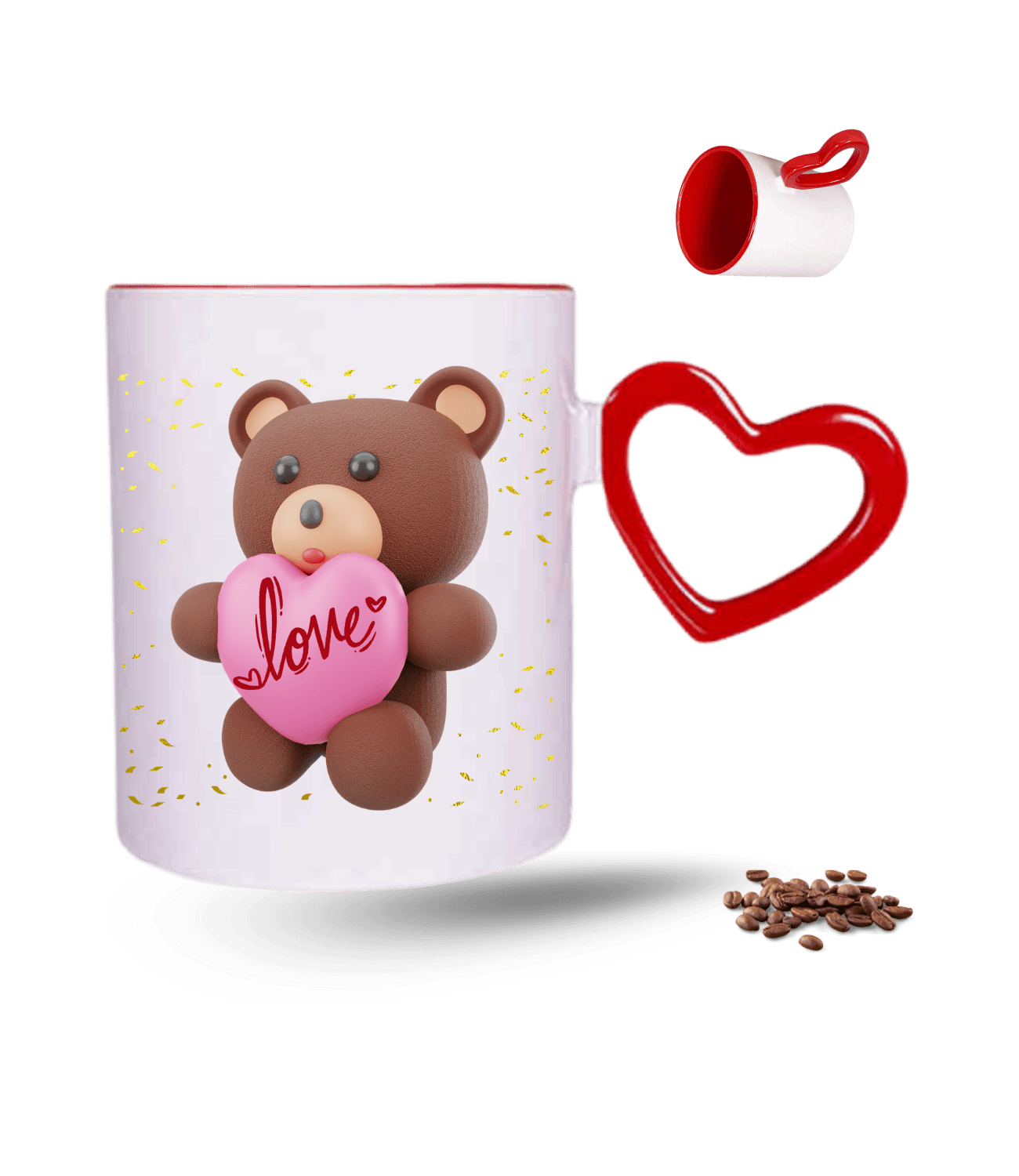 Aşk Temalı Love Ayıcık Baskılı Kırmızı Kalpli Porselen Kupa Bardak
