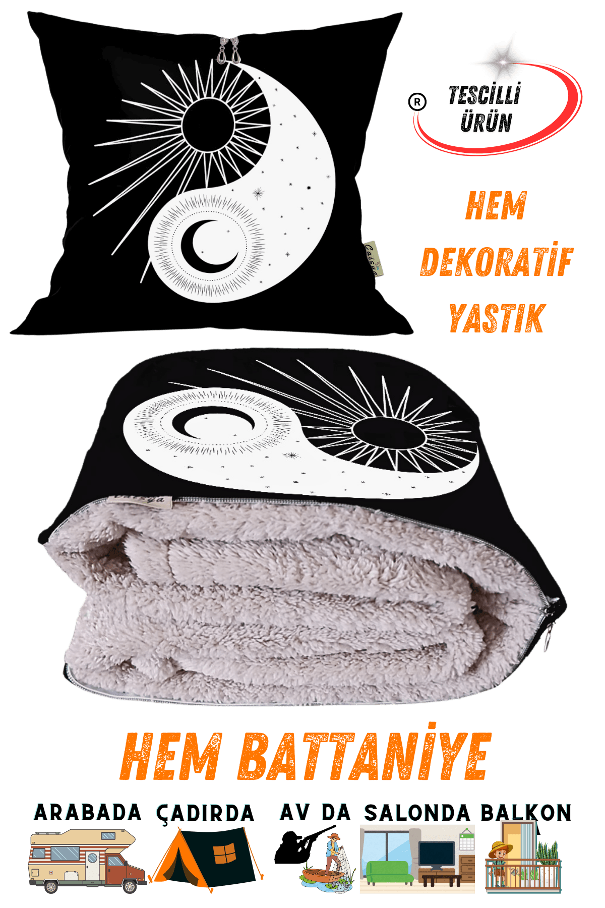 Zodyak Ying Yang Baskılı Tv Battaniyeli Opsiyonel Dekoratif Yastık Kırlent 2 in 1 Battaniye