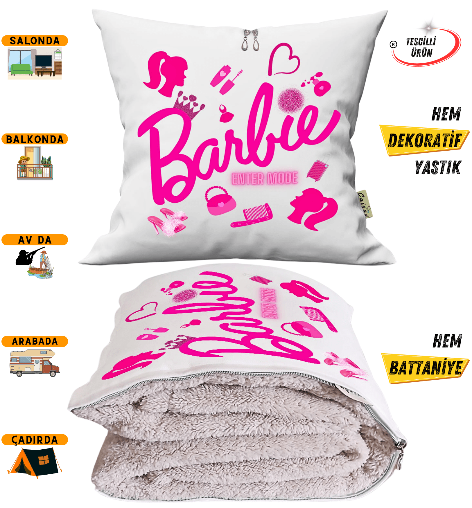 Enter Mode Barbies Baskılı Tv Battaniyeli Opsiyonel Dekoratif Yastık Kırlent 2 in 1 Battaniye