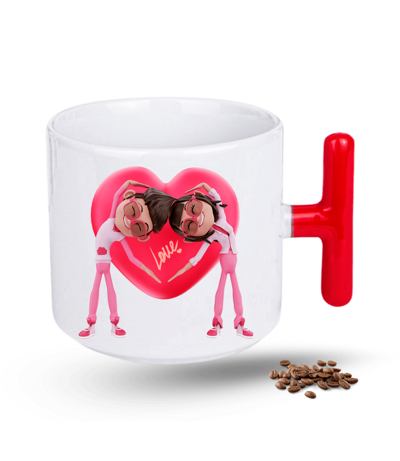 Aşk Temalı Sevgililer Love Kalp Baskılı T Saplı Porselen Kupa Bardak