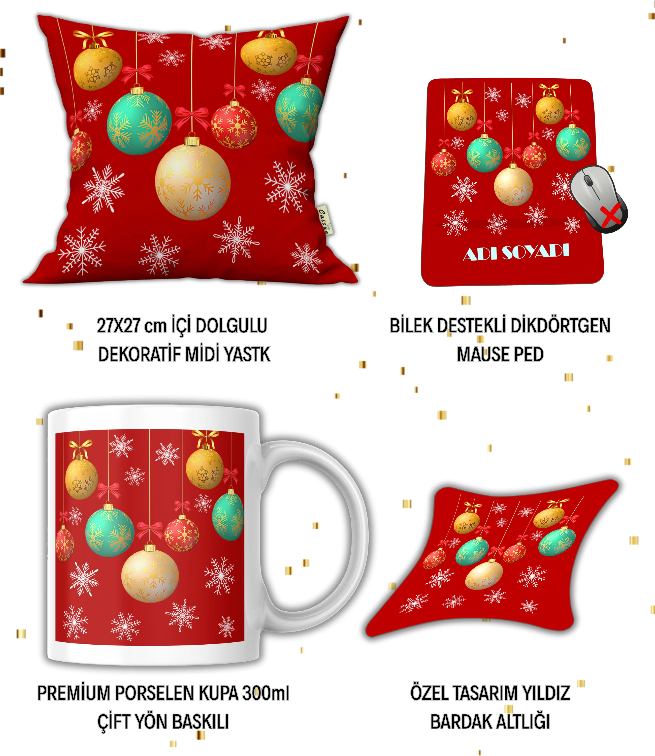 Yılbaşı Hediye Seti Noel Süsleri Baskılı Kupa Yastık İsimli Mause Ped Bardak Altlığı