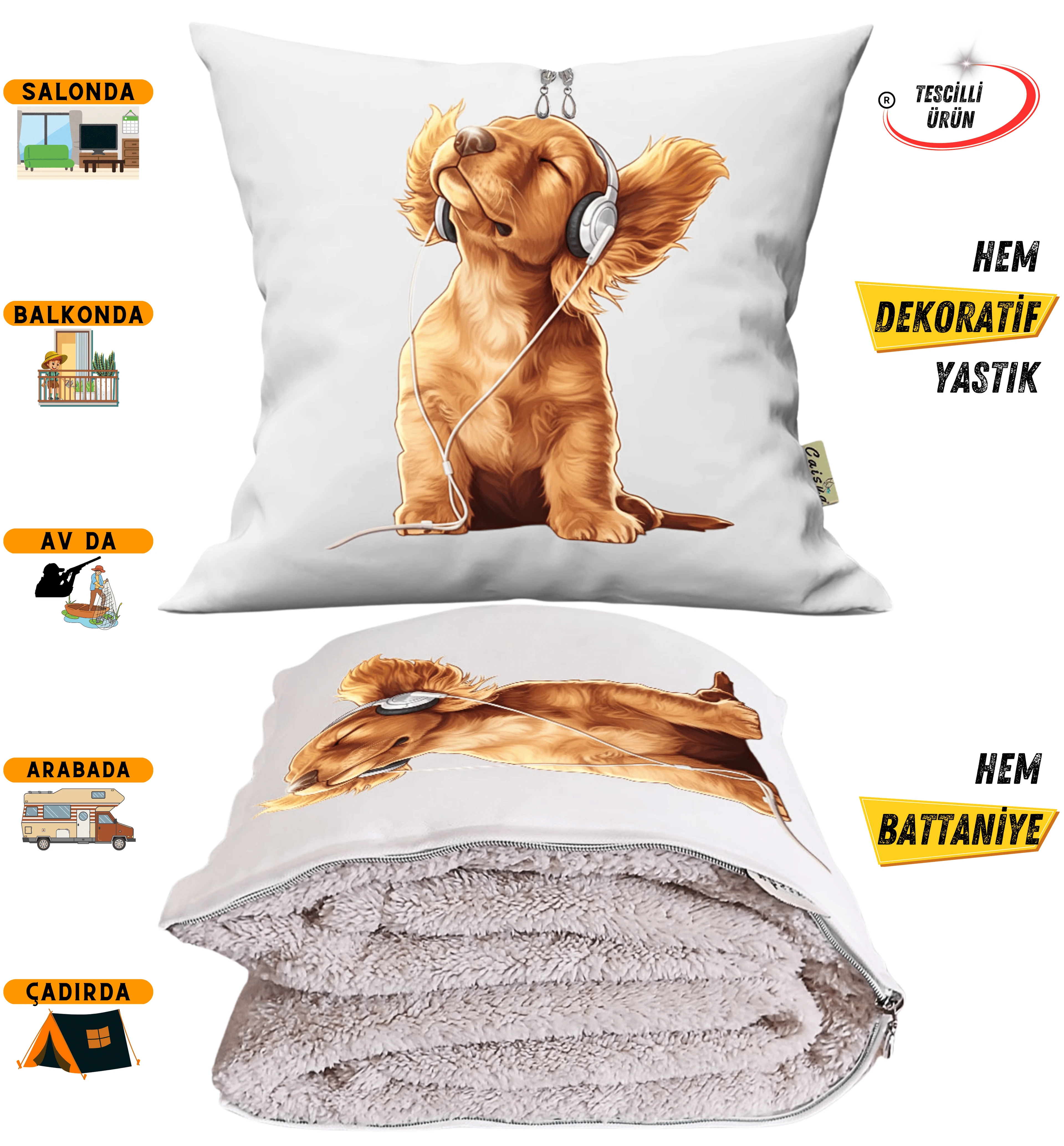 Müzisyen Köpek Baskılı Köpek Sever Tv Battaniye Olabilen Dekoratif Yastık 2in1 Battaniye