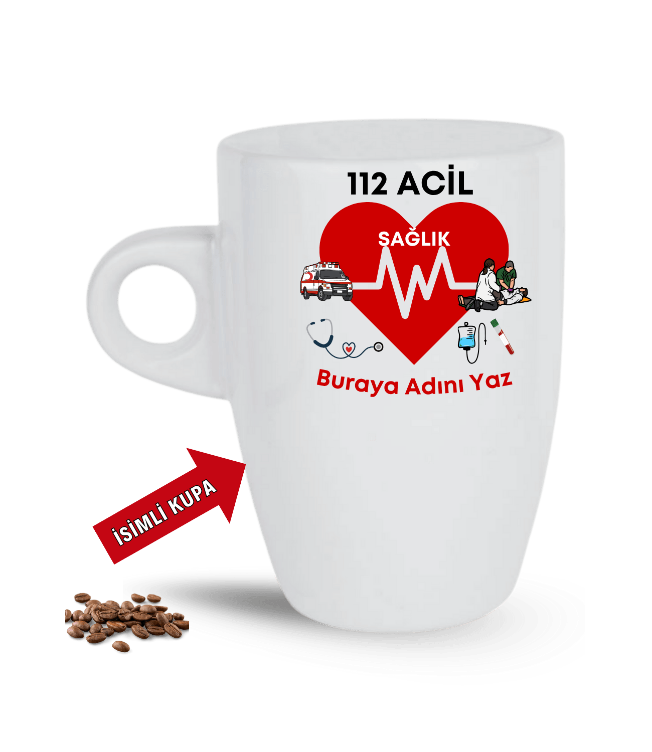 112 Acil Sağlık Temalı İsimli Kupa Baskılı Porselen Latte Kupa Bardak