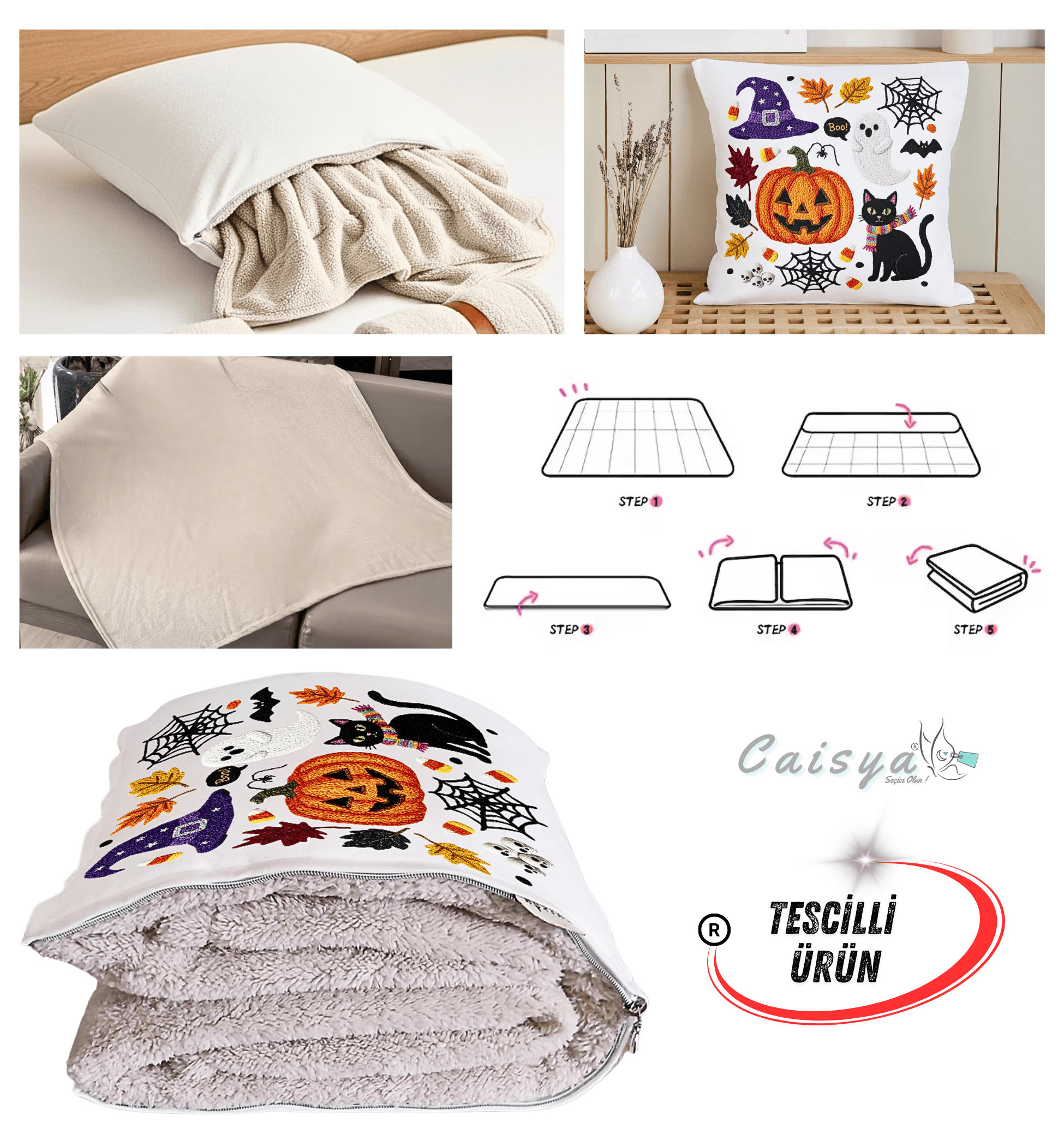 Cadılar Bayramı Temalı Nakışlı Efekt Baskılı Tv Battaniyesi Olabilen Dekoratif Yastık Battaniye