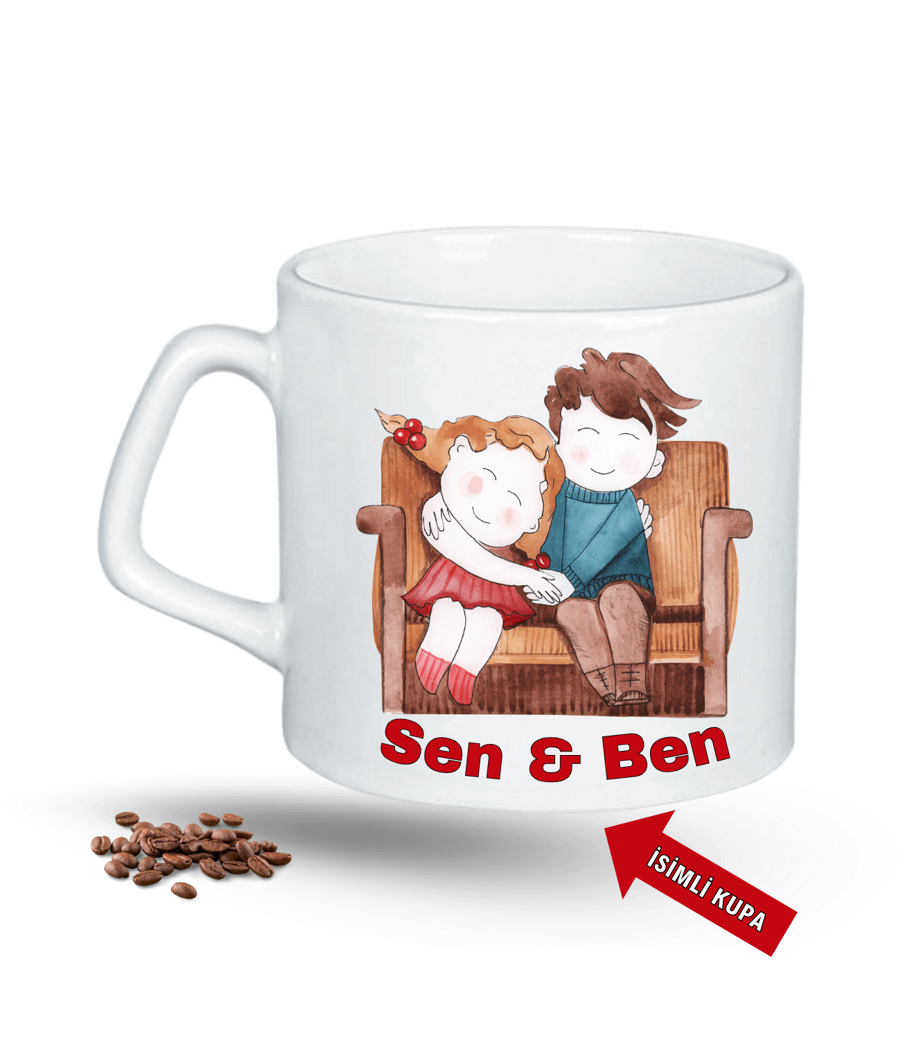 Aşk Temalı Sen ve Ben İsimli Kupa Kalpli Baskılı Porselen Afilli Kupa Bardak-6
