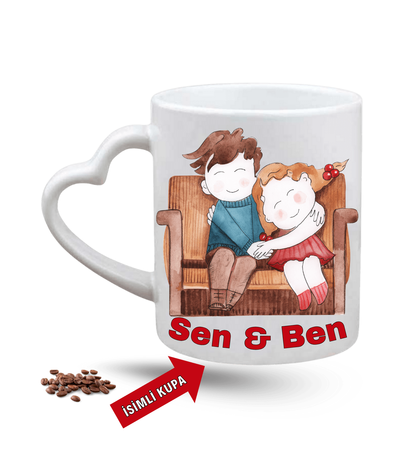 Aşk Temalı Sen ve Ben İsimli Kupa Kalpli Baskılı Porselen Kalp Kulp Kupa Bardak-6