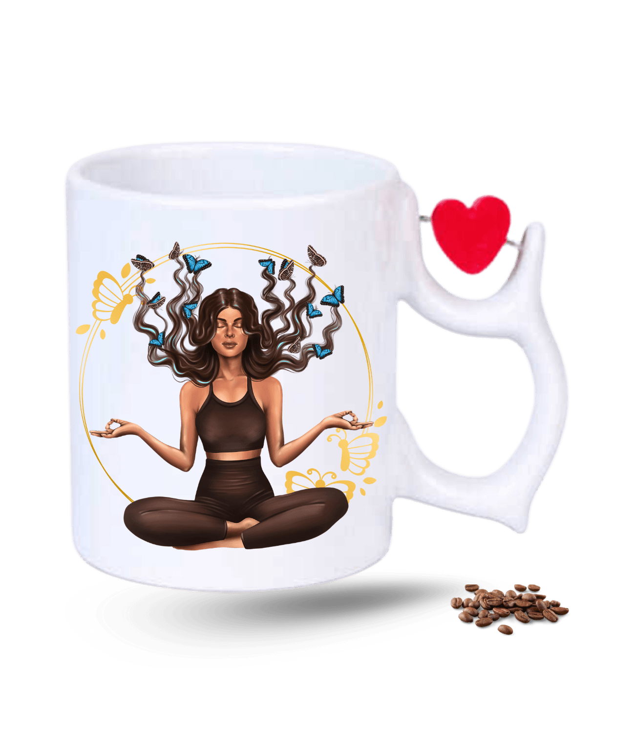 Yoga Temalı Kelebek Saçlı Kız Baskılı Porselen Dönen Kalp Figürlü Kupa Bardak