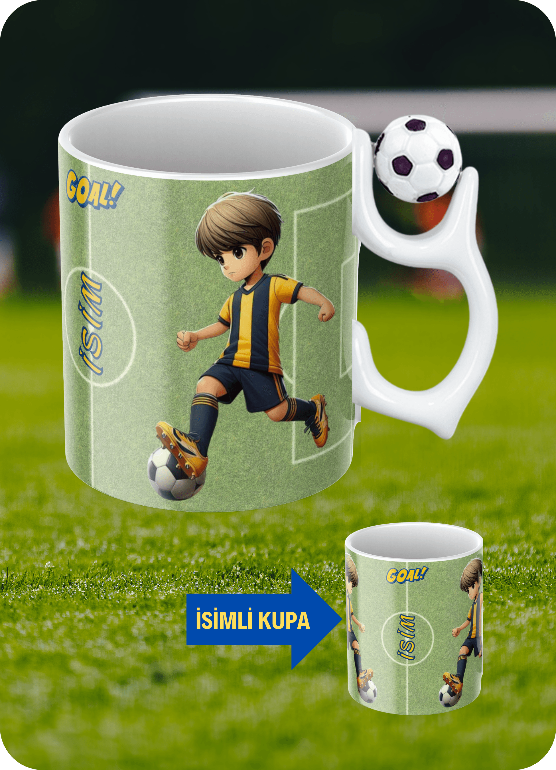 Futbol Toplu Sarı Lacivert Formalı Futbolcu İsimli Taraftar Kupa Bardak Çay Kahve Fincanı