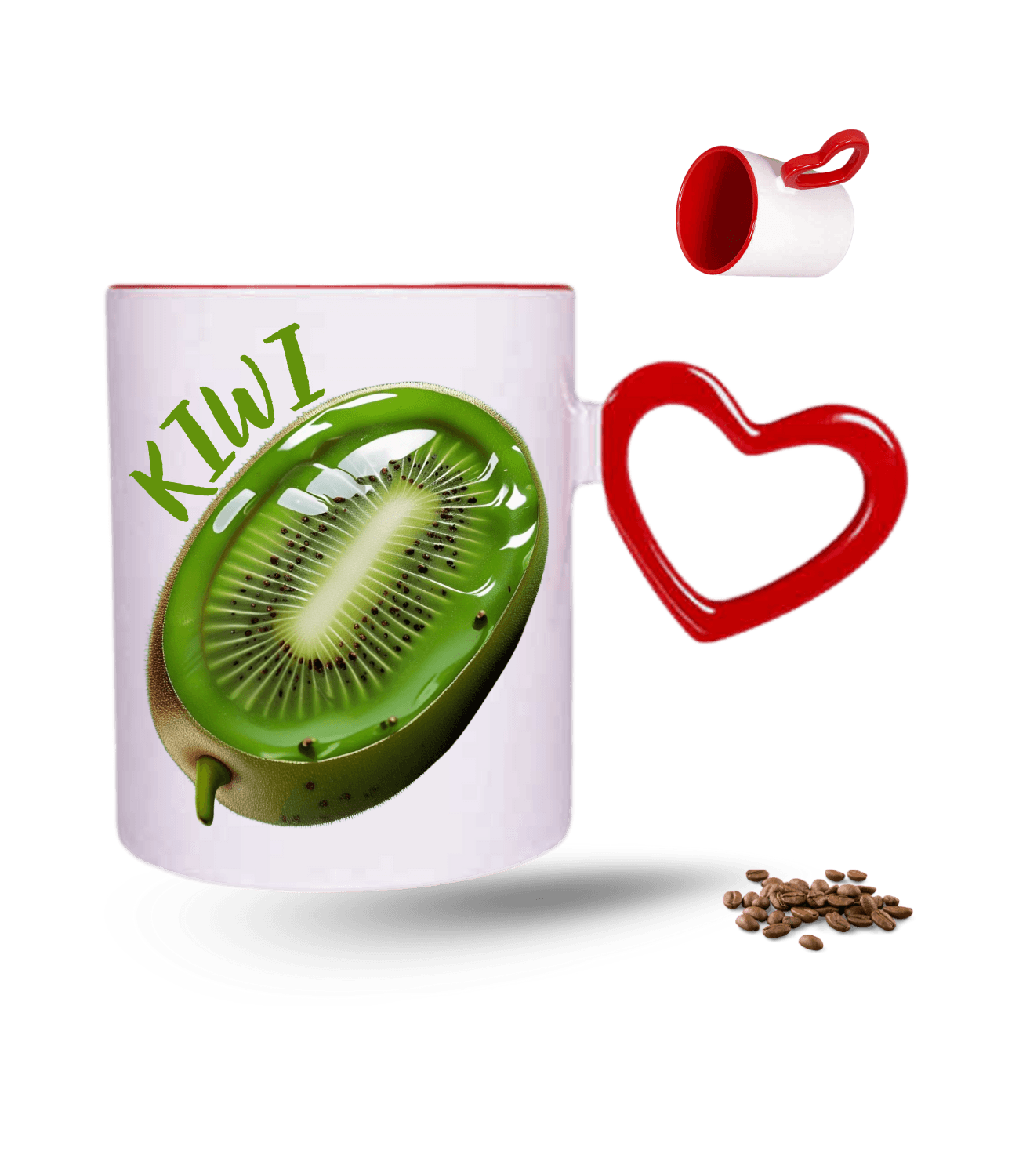 3d Kiwi Baskılı Kırmızı Kalpli Porselen Kupa Bardak