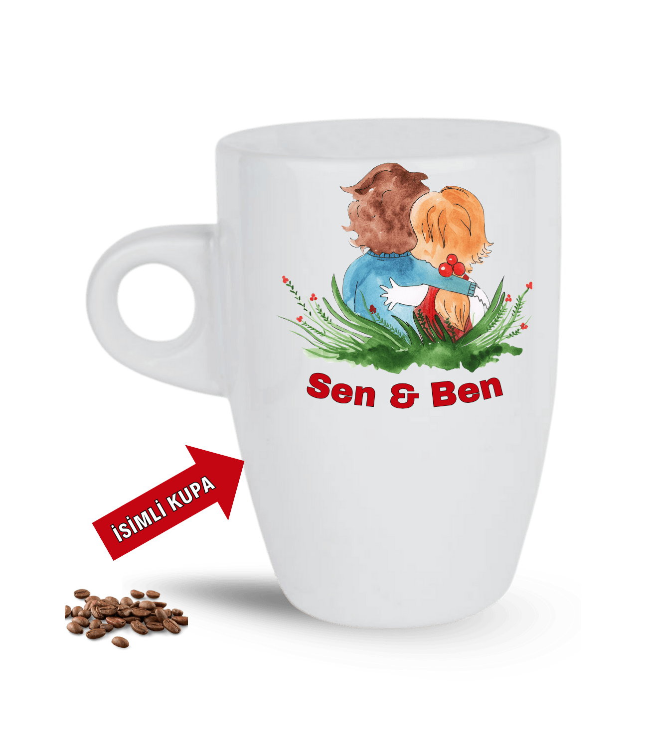Aşk Temalı Sen ve Ben İsimli Kupa Kalpli Baskılı Porselen Latte Kupa Bardak-3
