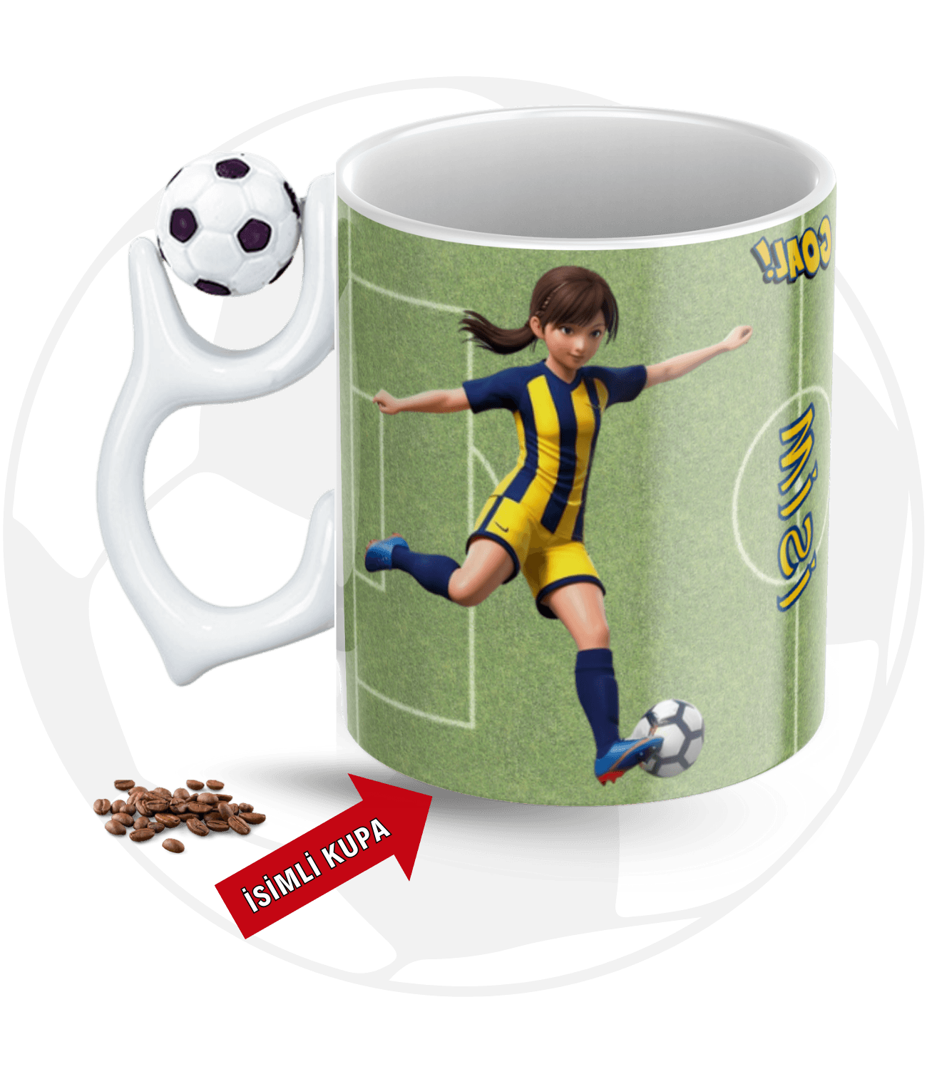 Sarı Lacivert Kadın Futbolcu Futbol Toplu Kupa + Baskılı Pamuklu Tişört Kombin