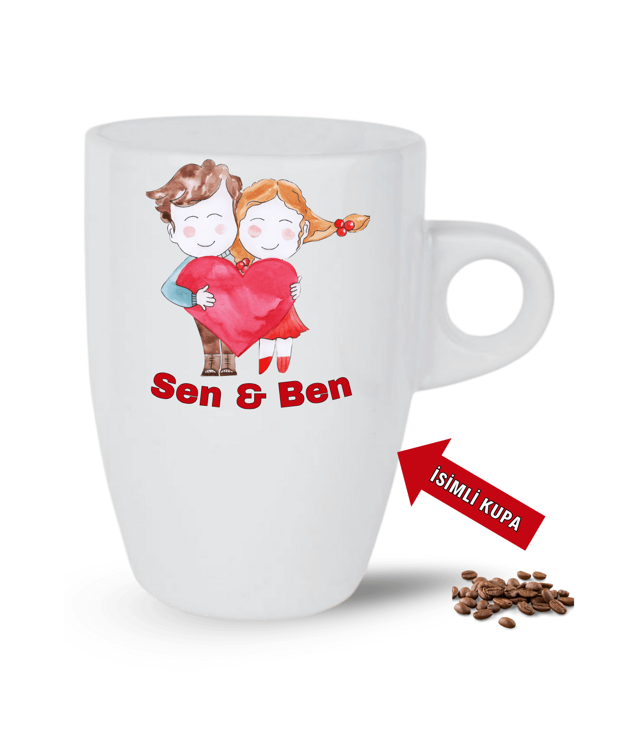 Aşk Temalı Sen ve Ben İsimli Kupa Kalpli Baskılı Porselen Latte Kupa Bardak-1