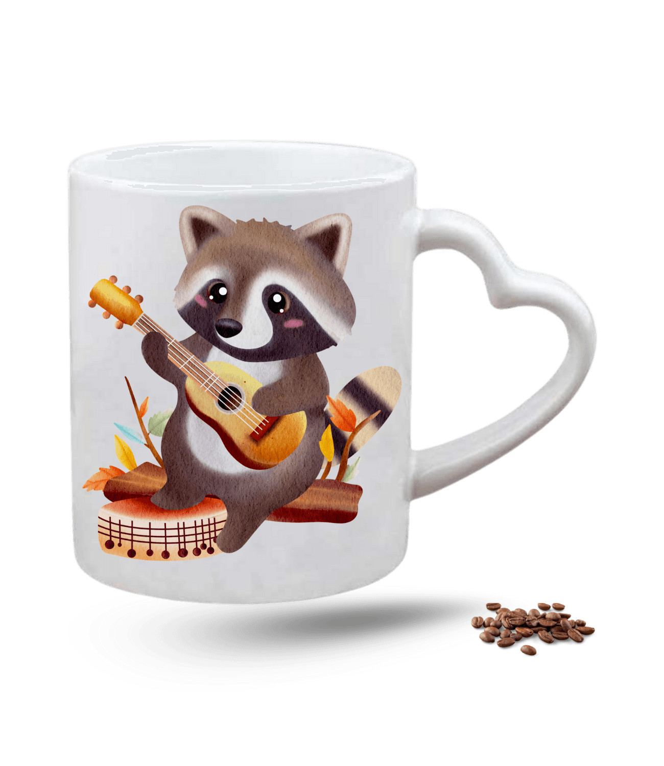 Gitar Çalan Cute Rakun Baskılı Porselen Kalp Kulp Kupa Bardak