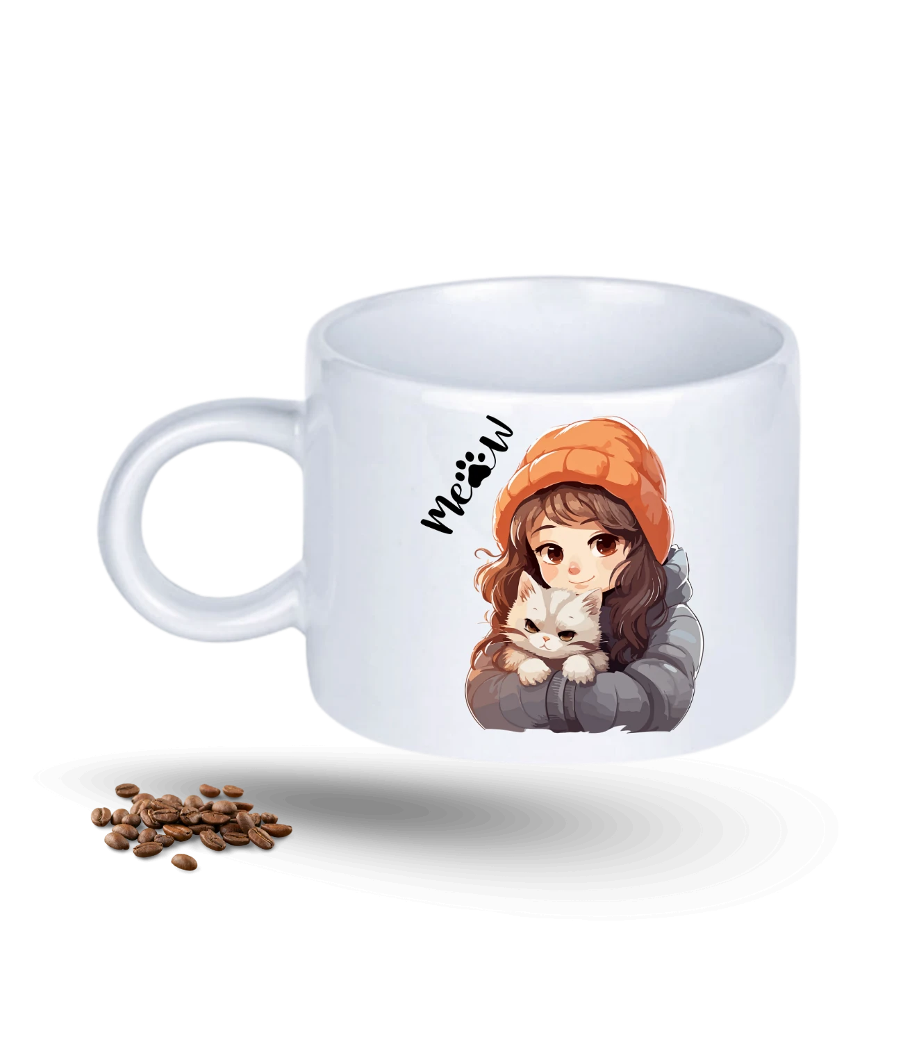 Meow Bereli Kız Kedi Sever Baskılı Porselen Motto Kupa Bardak