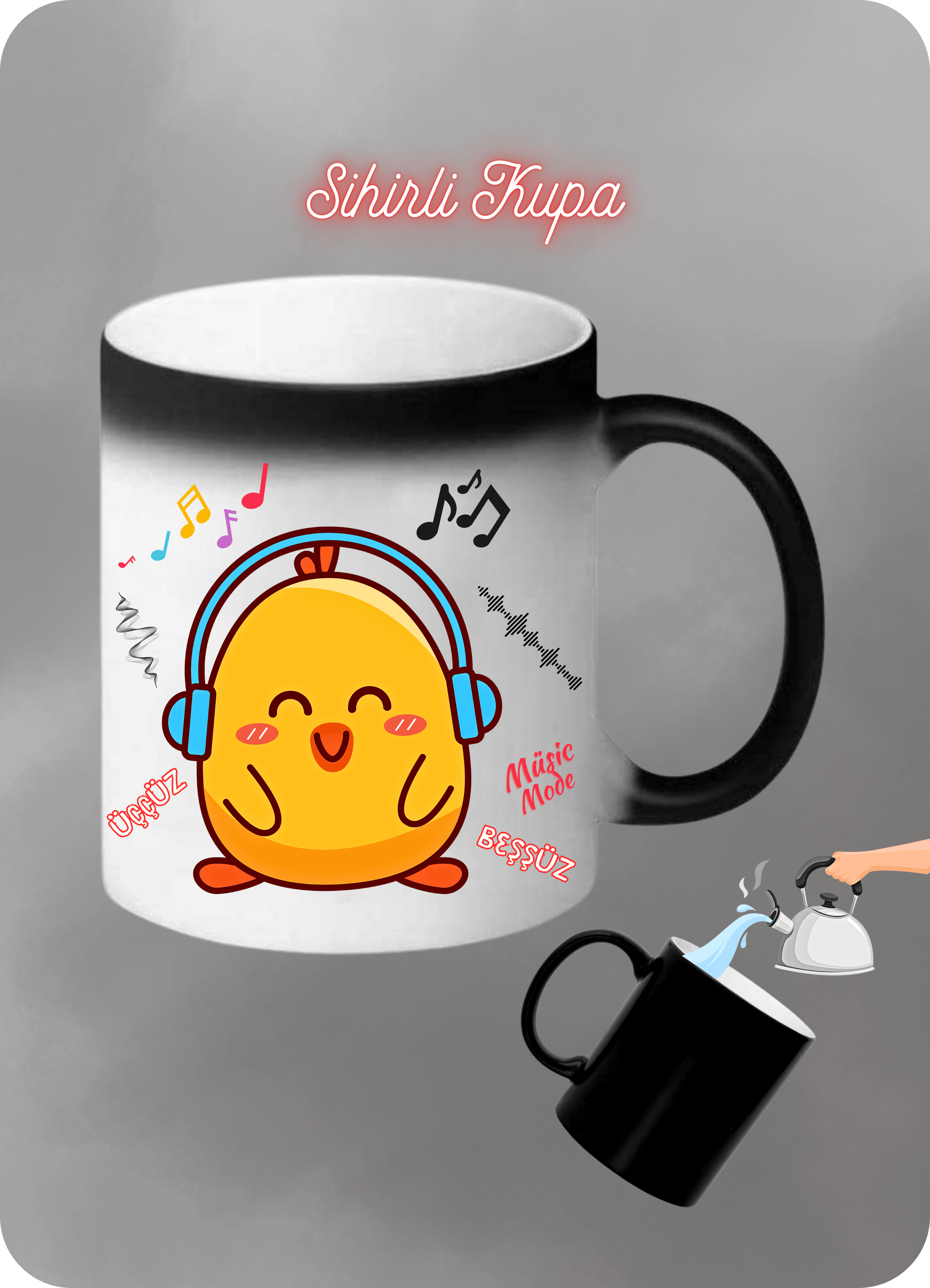 Music Mode Sarı CivCiv  Baskılı Sihirli Kupa Bardak Çay Kahve Fincanı