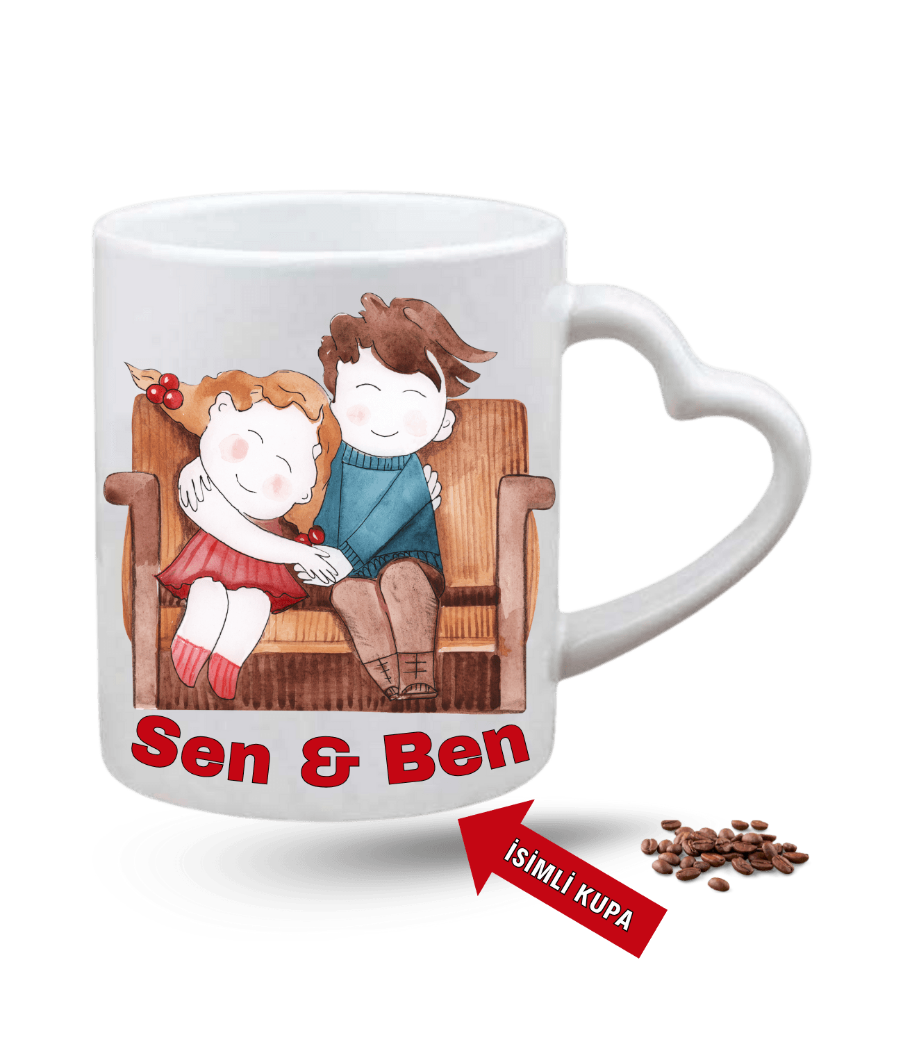 Aşk Temalı Sen ve Ben İsimli Kupa Kalpli Baskılı Porselen Kalp Kulp Kupa Bardak-6