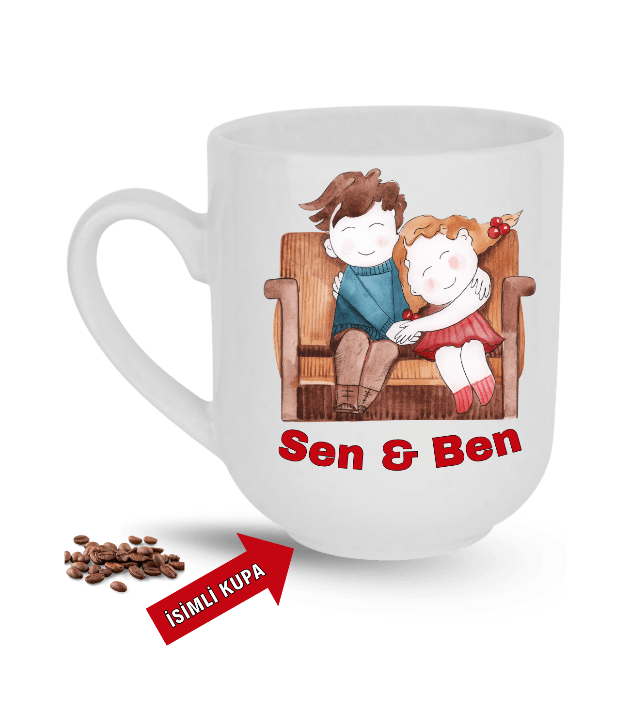 Aşk Temalı Sen ve Ben İsimli Kupa Kalpli Baskılı Elit Lüx Porselen Kupa Bardak-6