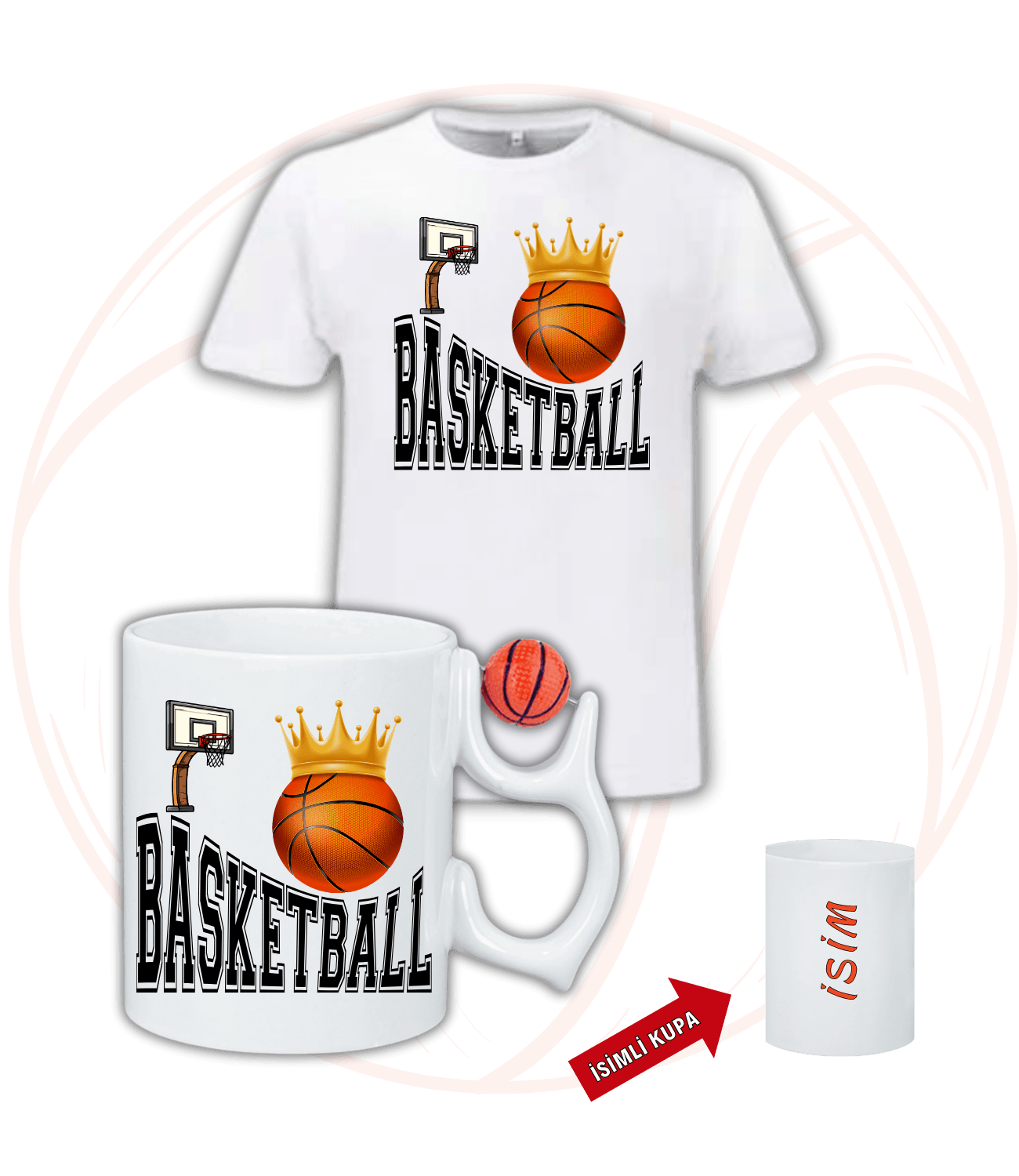 Basketbol Temalı Basketbol Toplu Kupa + Baskılı Pamuklu Tişört Kombin-1