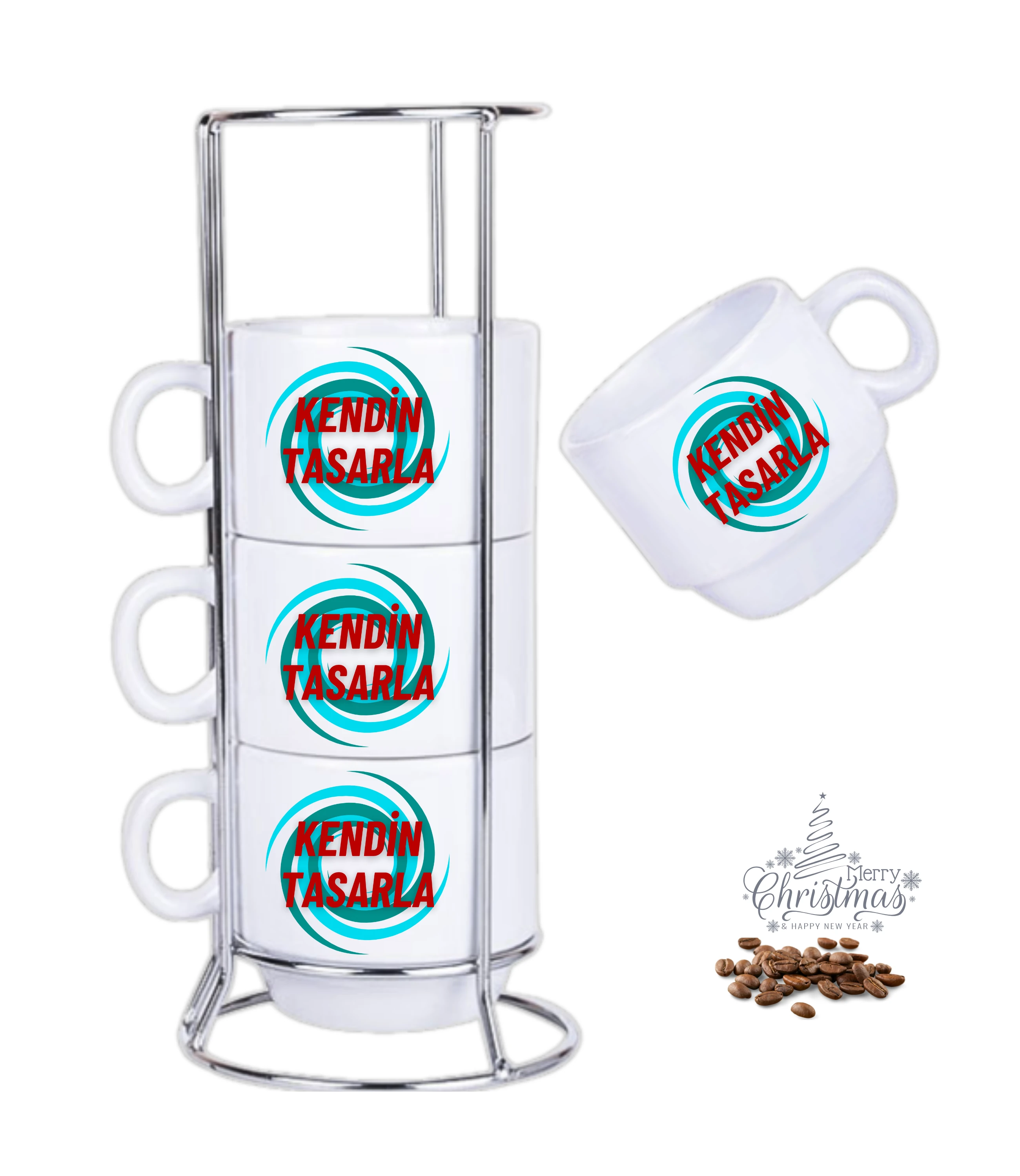 Kişiye Özel Baskılı 4lü Standlı Porselen Çay Kahve Fincan Seti