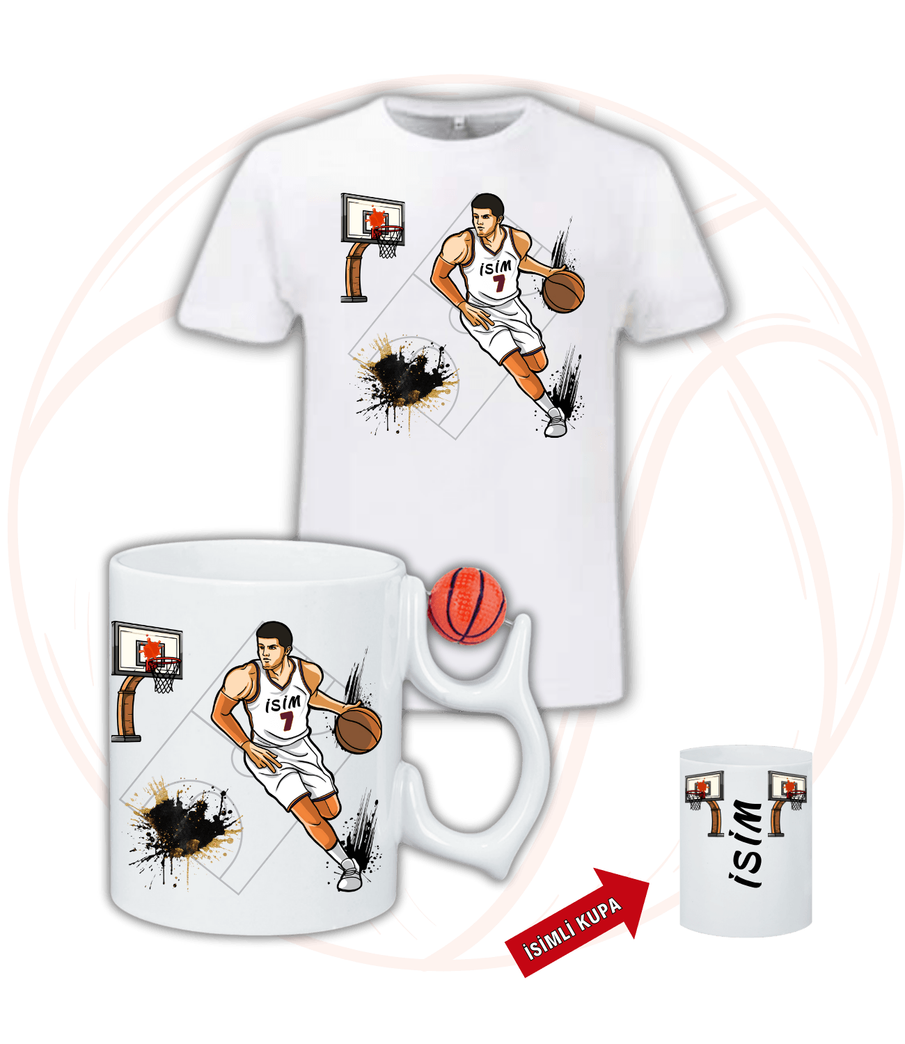 Basketbol Erkek Oyunculu Basketbol Toplu Kupa + Baskılı Pamuklu Tişört Kombin-1