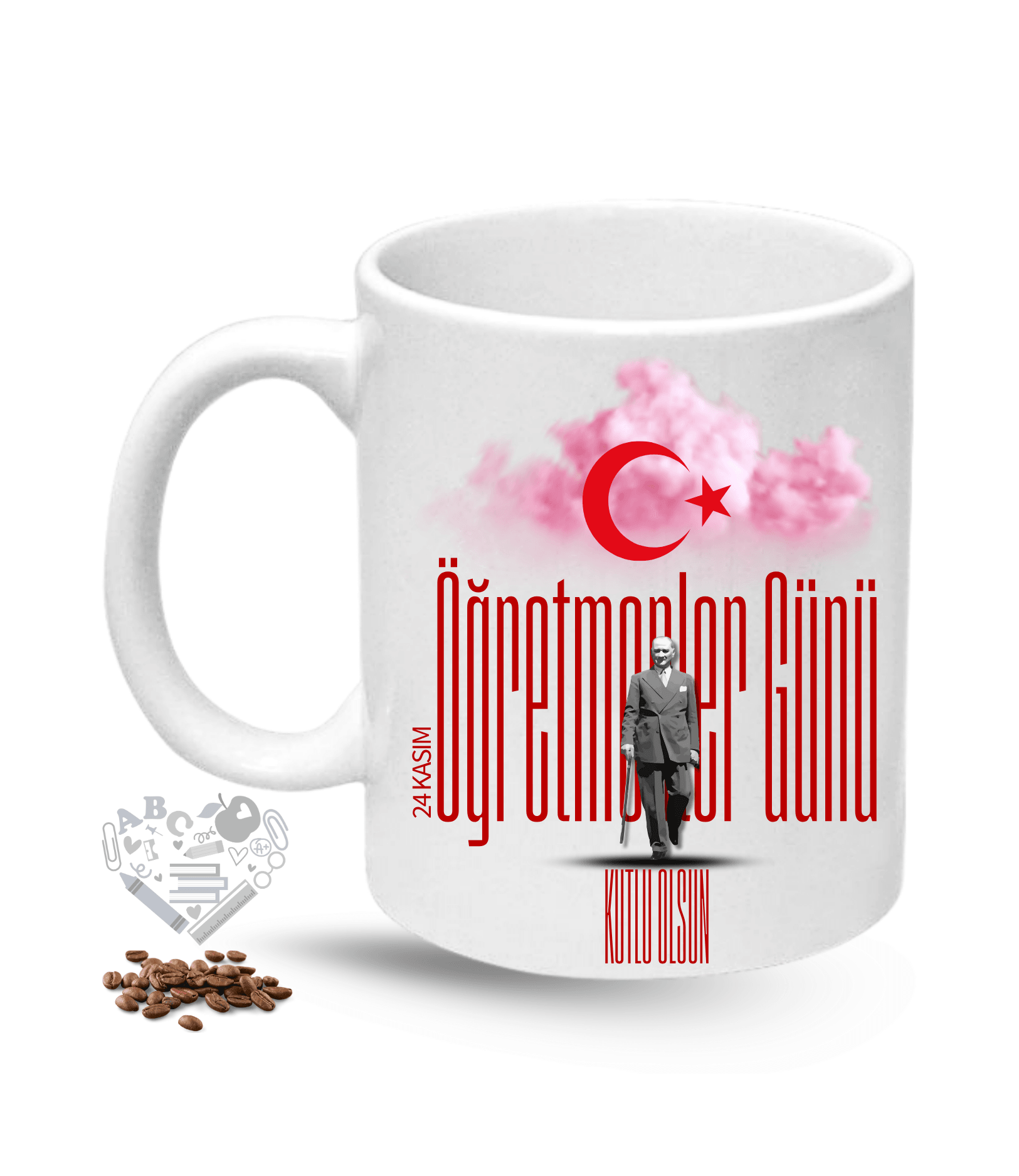 Öğretmenler Günü Hediyesi Atatürk Ay Yıldız Baskılı Porselen Kupa Bardak