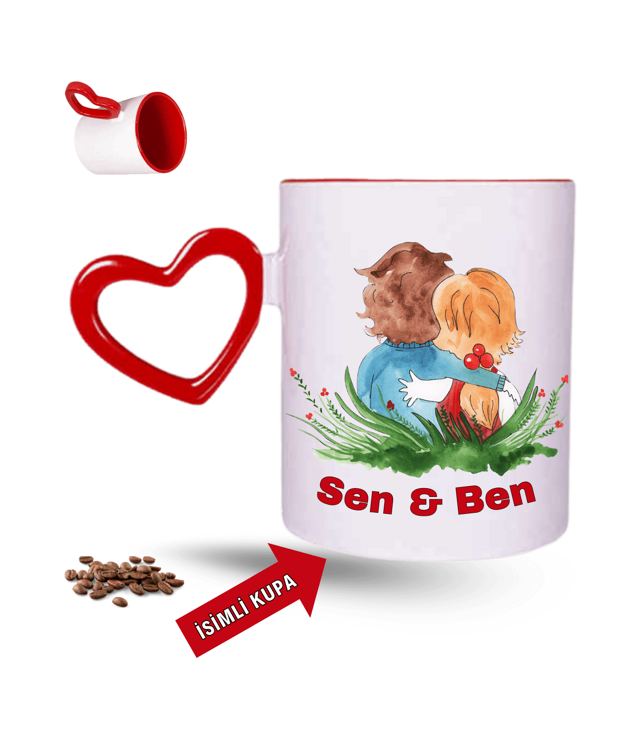 Aşk Temalı Sen ve Ben İsimli Kupa Kalpli Baskılı Kırmızı Kalpli Porselen Kupa Bardak-3
