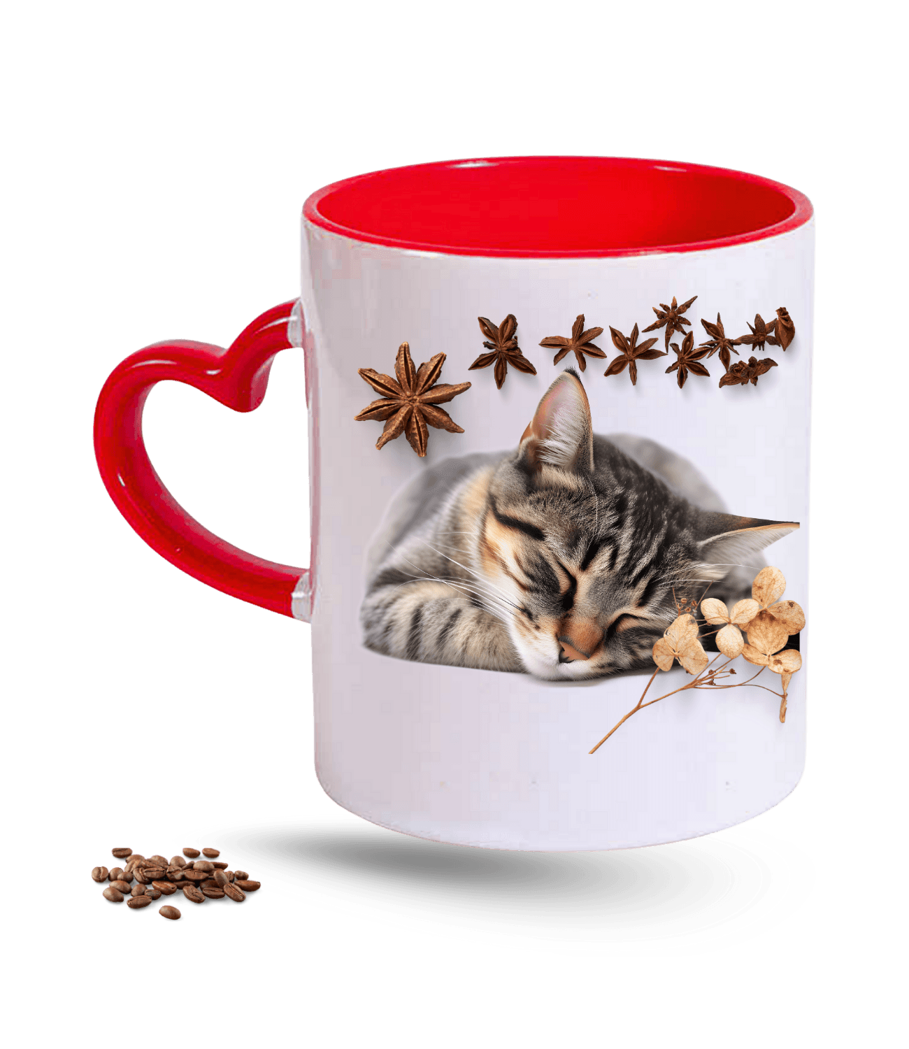 Uykucu Kedi Temalı Kedi Sever Baskılı Kırmızı Kalpli Porselen Kupa Bardak