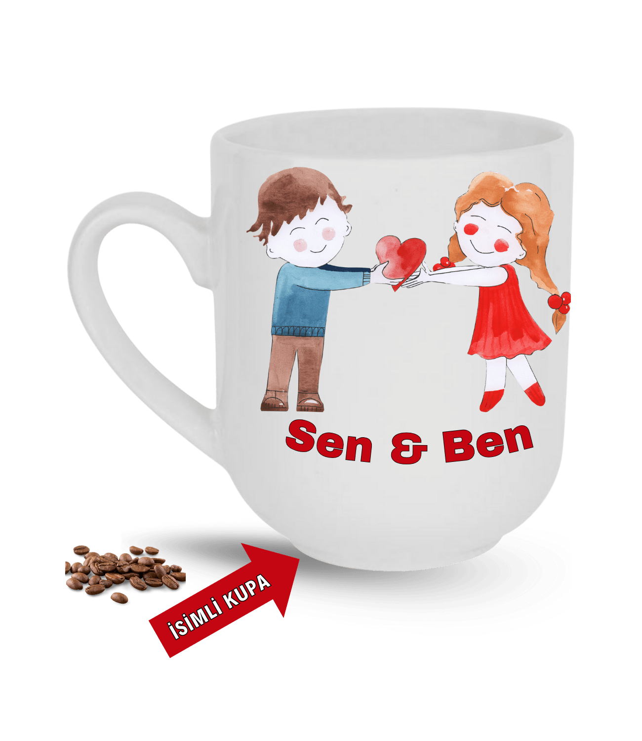 Aşk Temalı Sen ve Ben İsimli Kupa Kalpli Baskılı Elit Lüx Porselen Kupa Bardak-2