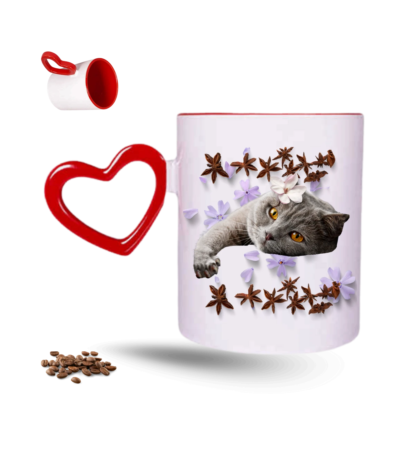 Sevimli Kedi Temalı Kedi Sever Baskılı Kırmızı Kalpli Porselen Kupa Bardak