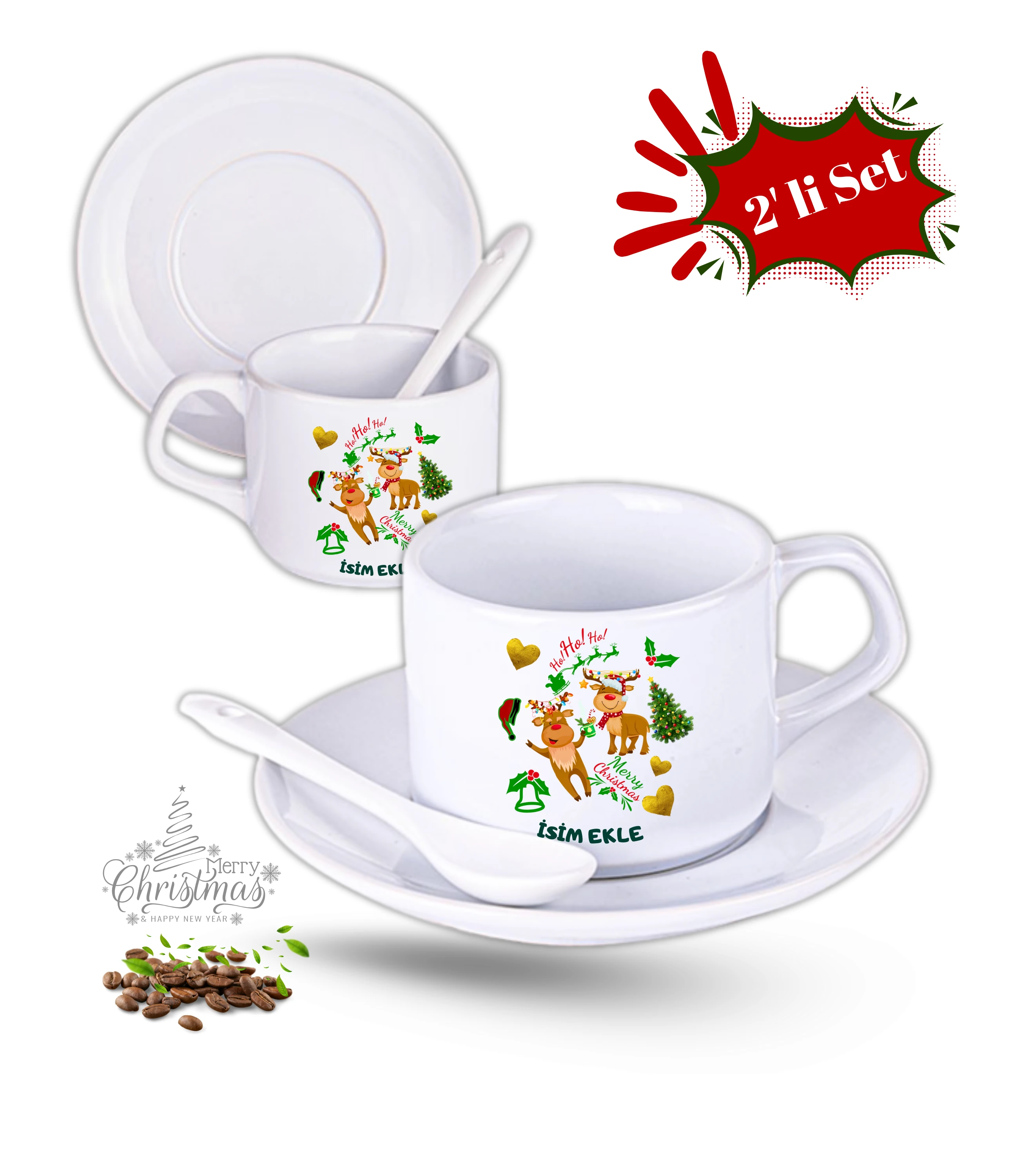 Yılbaşı Hediyesi İsimli Kurabiye Baskılı 2li Set Porselen Çay Kahve Fincan Seti