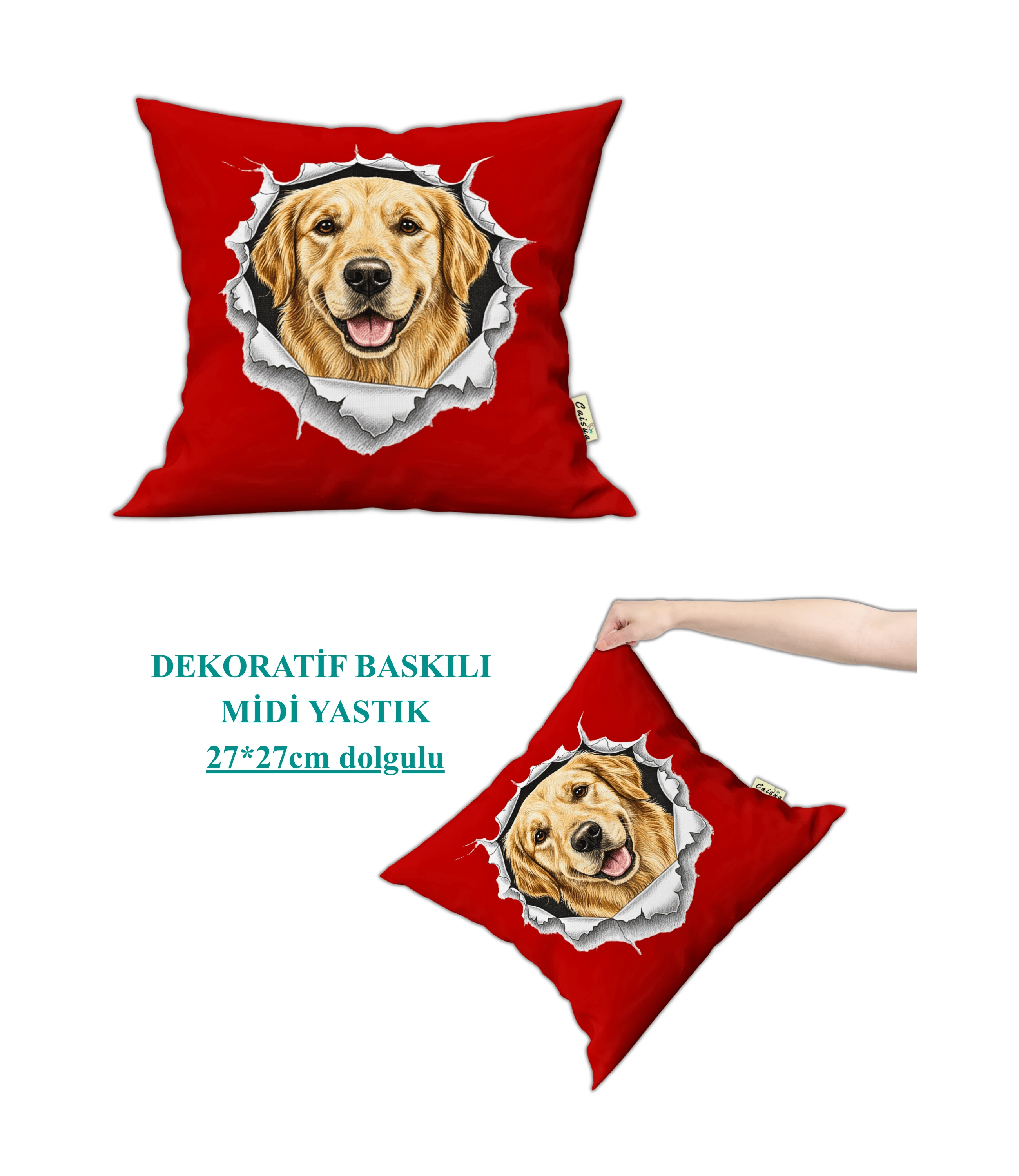Köpek Sever Baskılı Golden Retriever Hediyelik Dekoratif Midi Yastık Kırlent 27x27cm Dolgulu