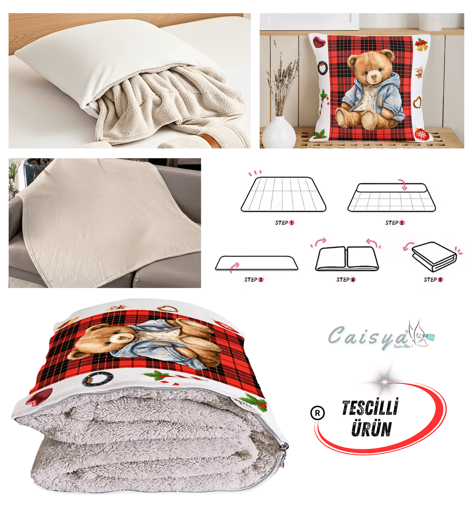 YılBaşı Teddy Bear Baskılı Tv Battaniyeli Opsiyonel Dekoratif Yastık Kırlent 2 in 1 Battaniye