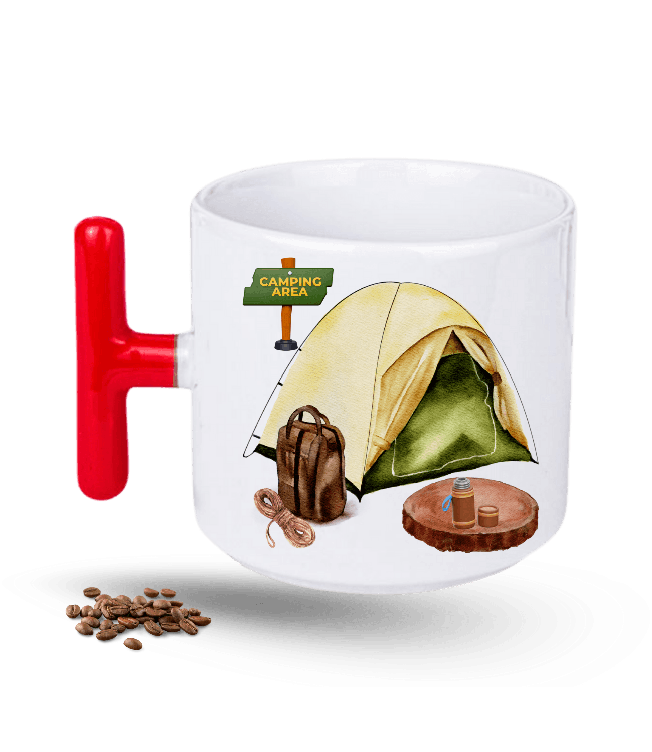 Camping Temalı Kamp Çadırı Baskılı T Saplı Porselen Kupa Bardak
