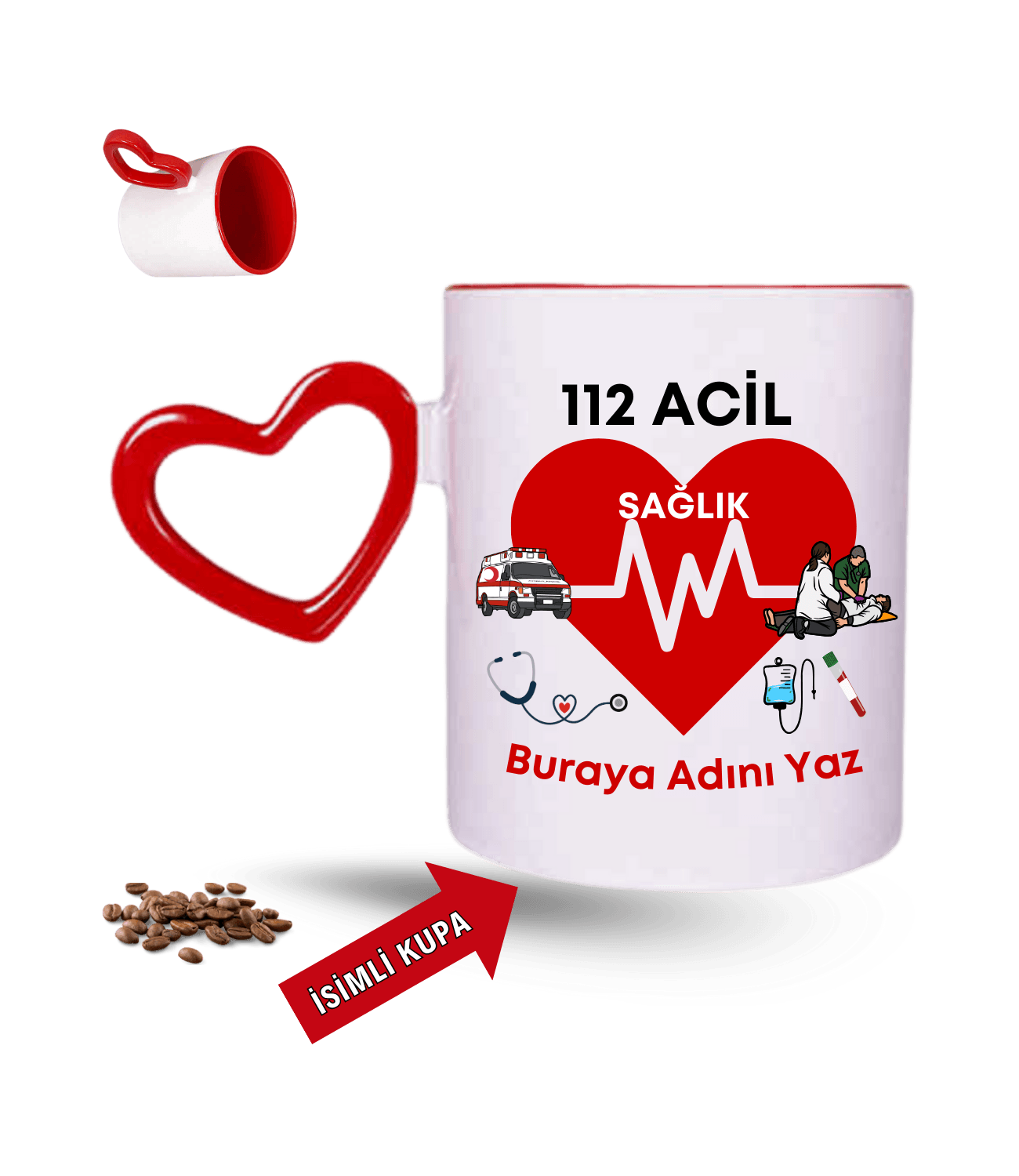 112 Acil Sağlık Temalı İsimli Kupa Baskılı Kırmızı Kalpli Porselen Kupa Bardak