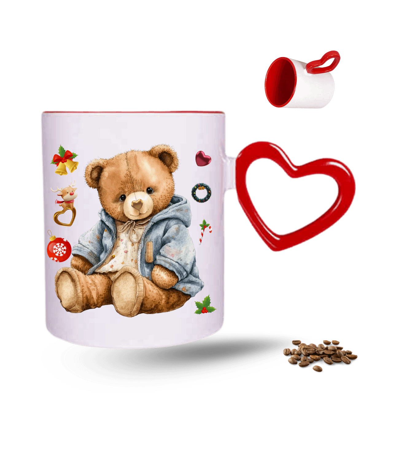 Noel Temalı Yılbaşı Teddy Ayıcık Baskılı Kırmızı Kalpli Porselen Kupa Bardak