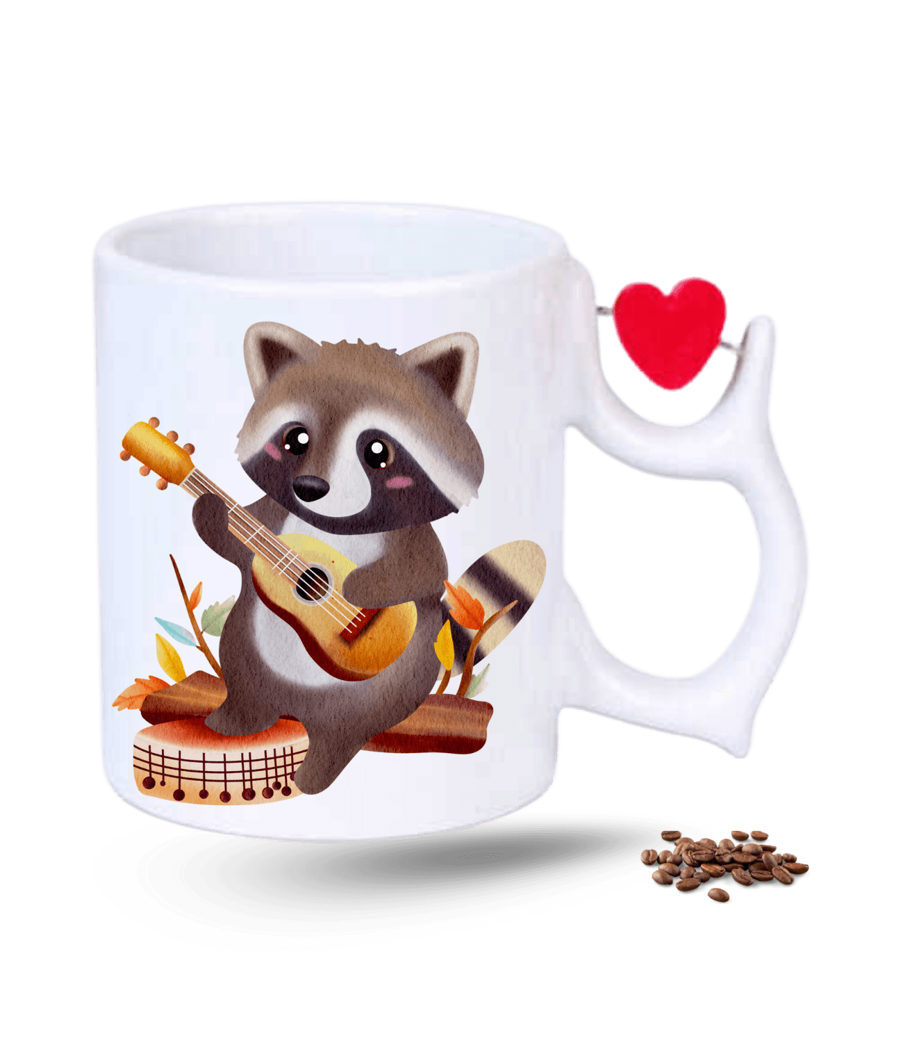 Gitar Çalan Cute Rakun Baskılı Porselen Dönen Kalp Figürlü Kupa Bardak