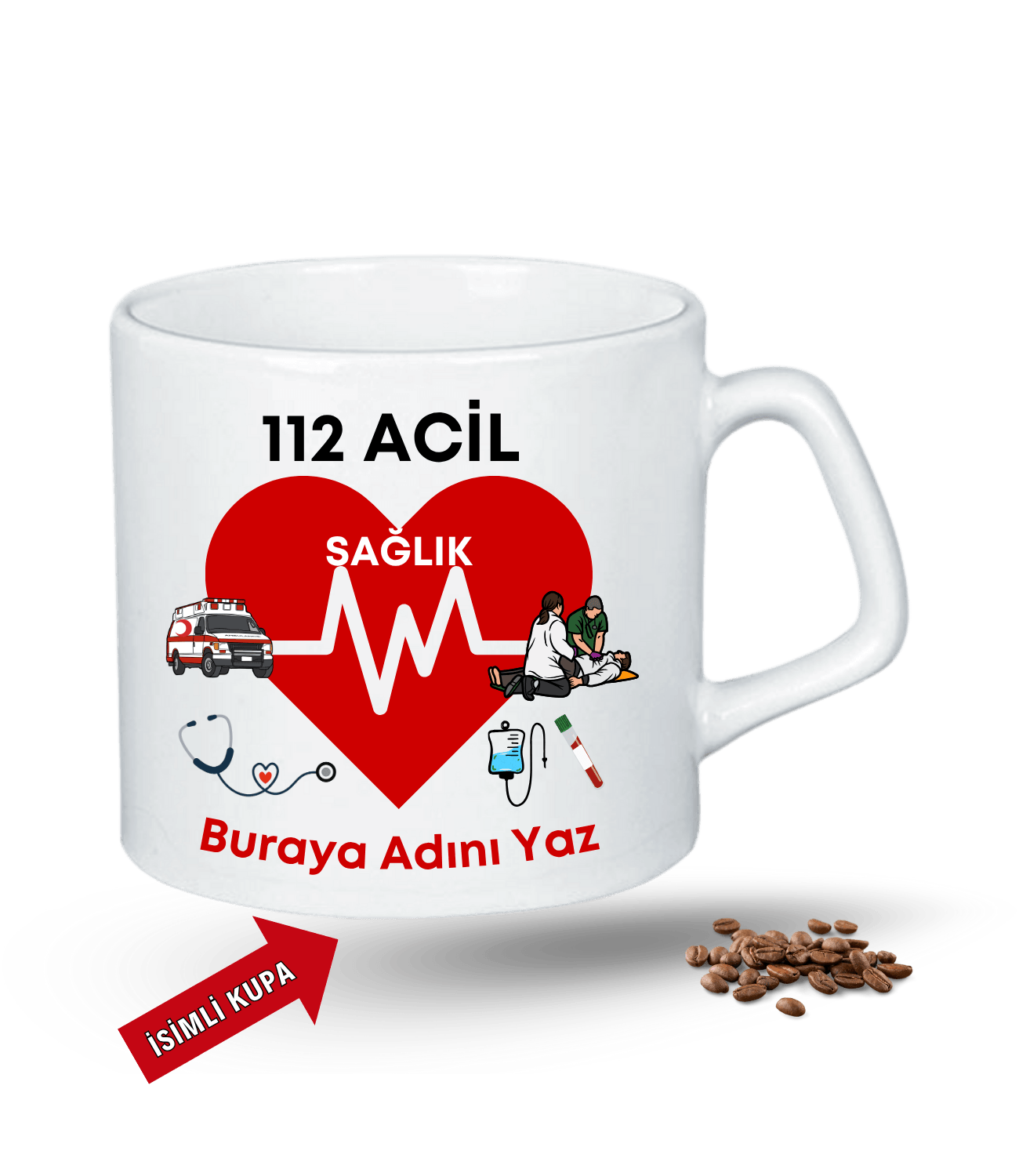 112 Acil Sağlık Temalı İsimli Kupa Baskılı Porselen Afilli Kupa Bardak