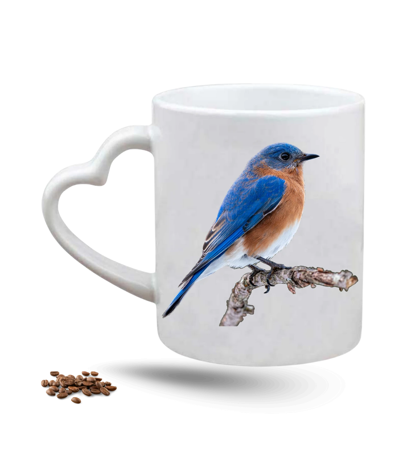 Mavi Serçe Baskılı Porselen Kalp Kulp Kupa Bardak