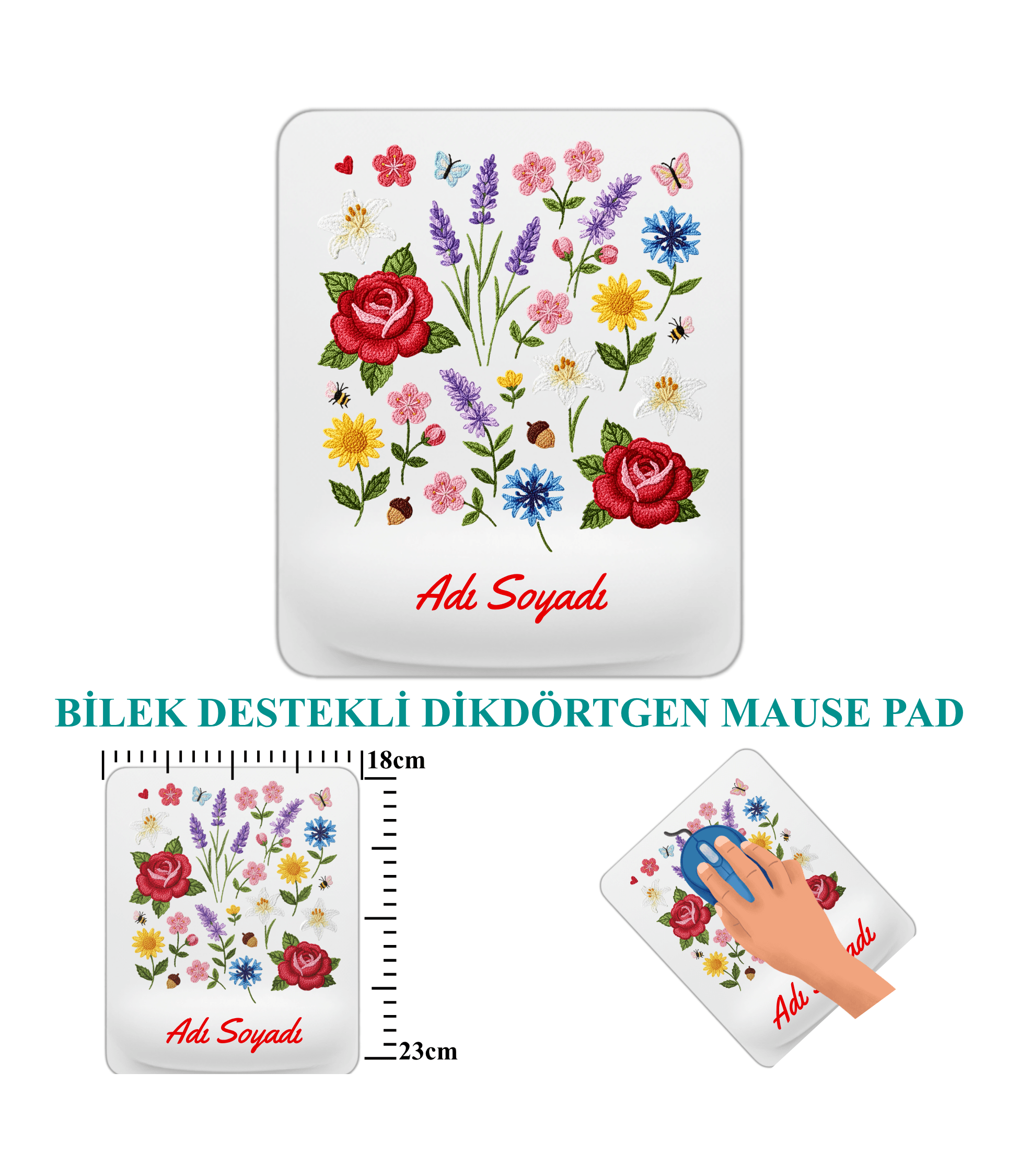 Çiçekler Temalı Baskılı Dikdörtgen Bilek Destekli İsimli Mause Ped