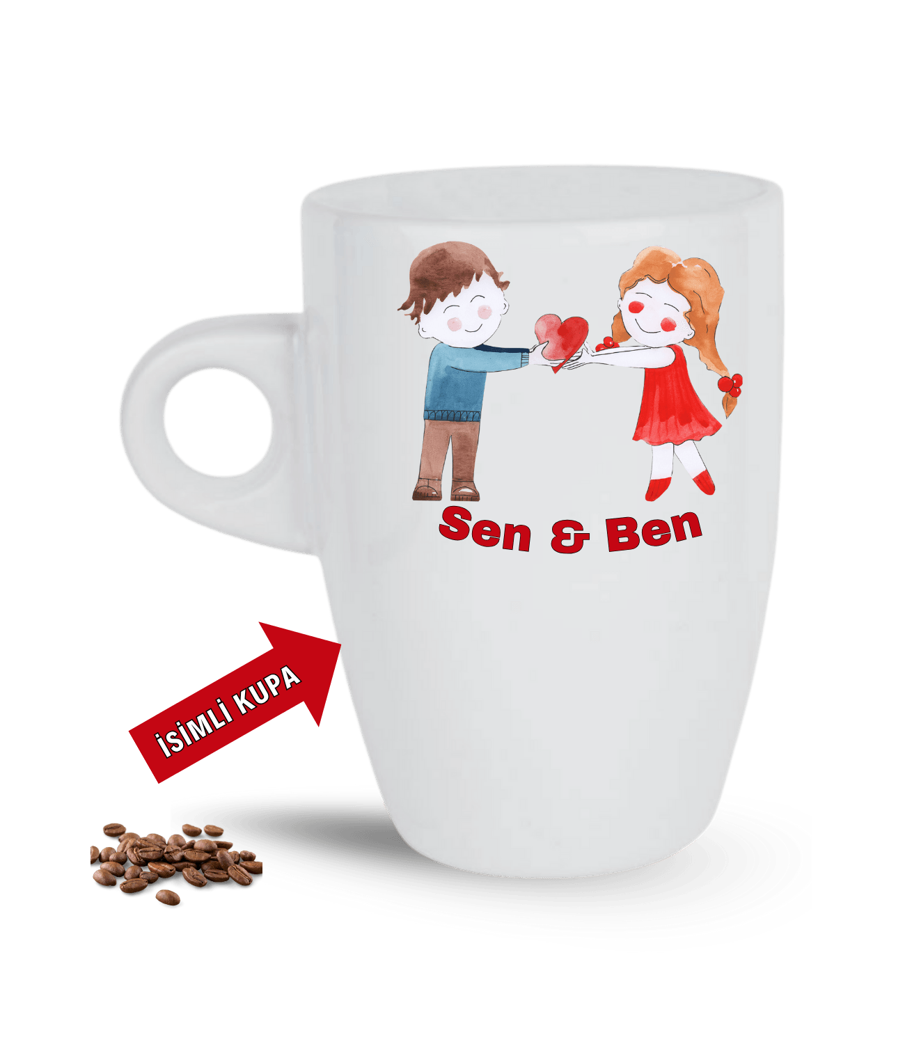 Aşk Temalı Sen ve Ben İsimli Kupa Kalpli Baskılı Porselen Latte Kupa Bardak-2