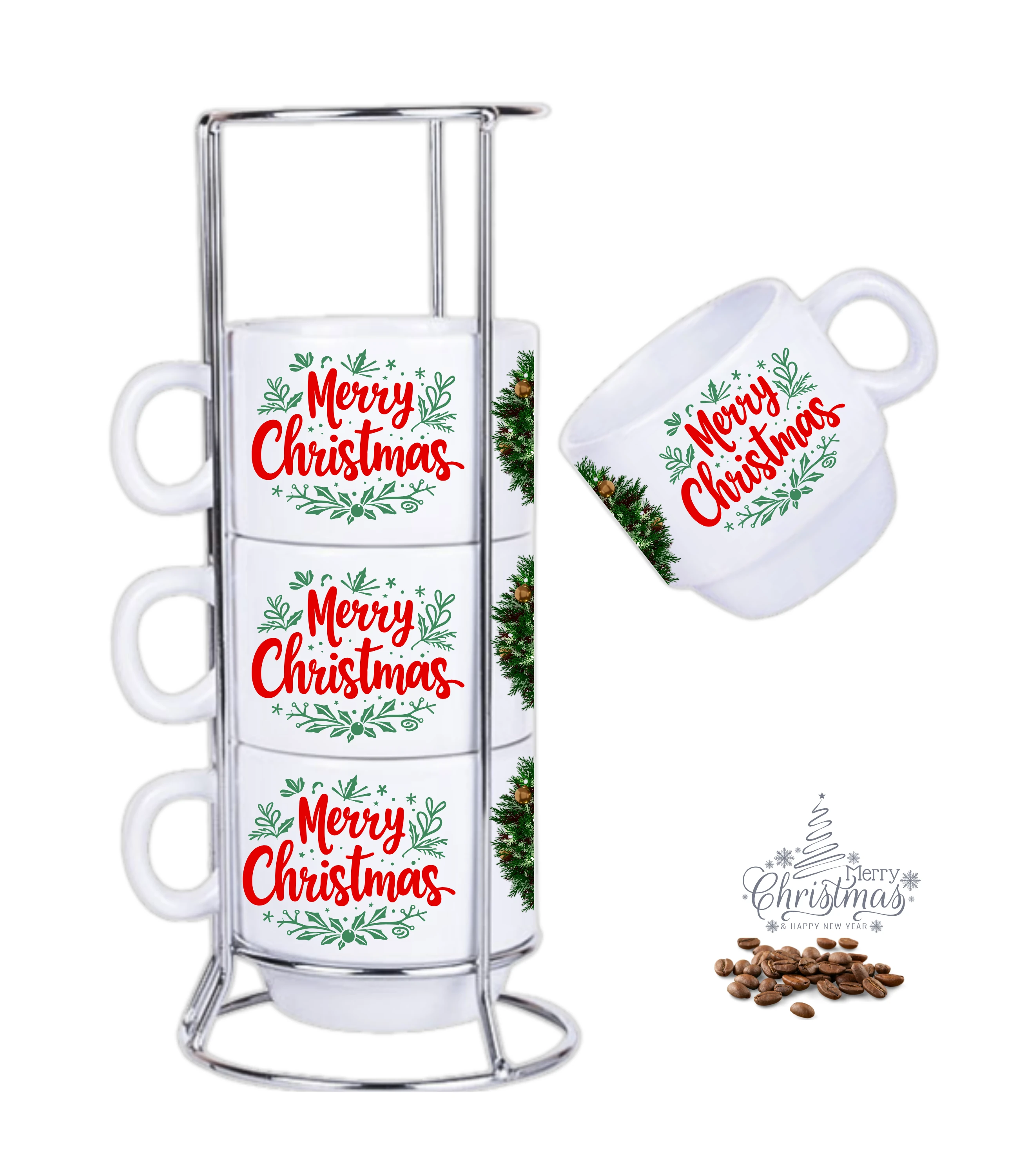 Yılbaşı Temalı Christmas Baskılı 4lü Standlı Hediyelik Porselen Çay Kahve Fincan Seti